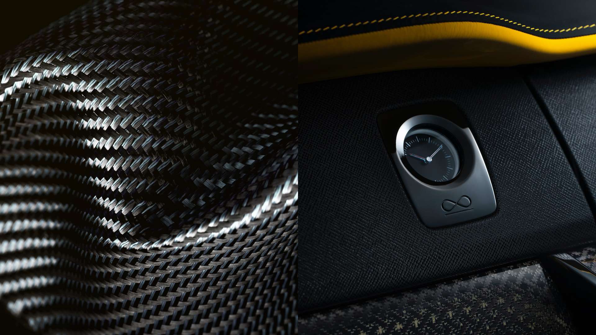 Two images, one showing carbon weave material and one of a Rolls-Royce clock in the fascia of a Rolls-Royce motor car