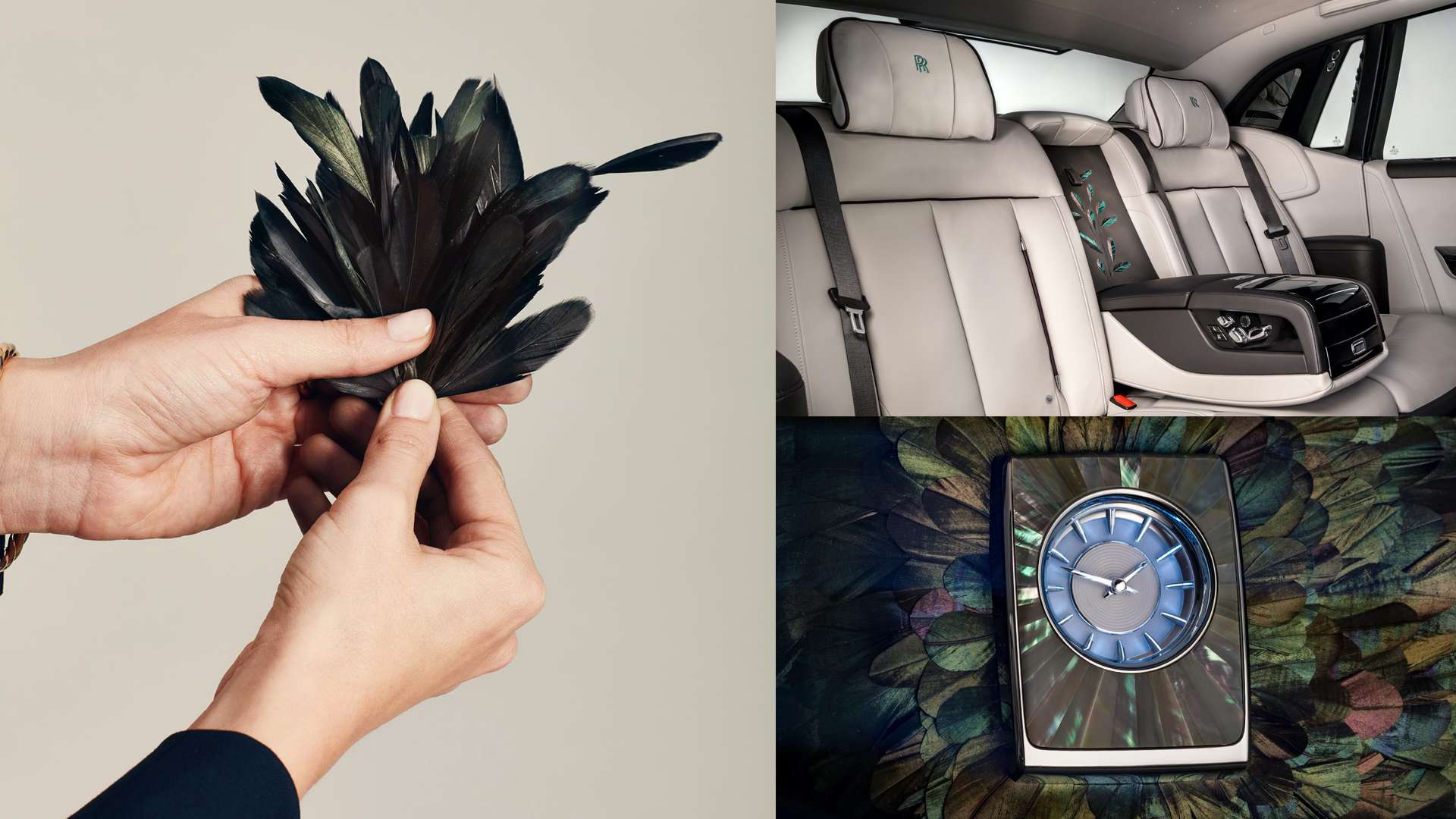 A collage of images, feathers, the back seats of a Rolls-Royce motor car with feathers integrated and a Rolls-Royce car clock inspired by the feathers