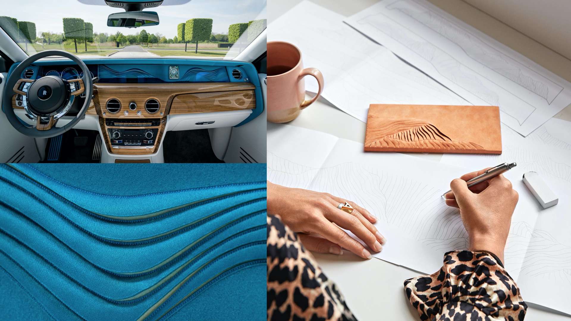 A collage of images, including an interior of a Rolls-Royce, a designer drawing inspirational designs and zoomed in shot of high quality fabric 