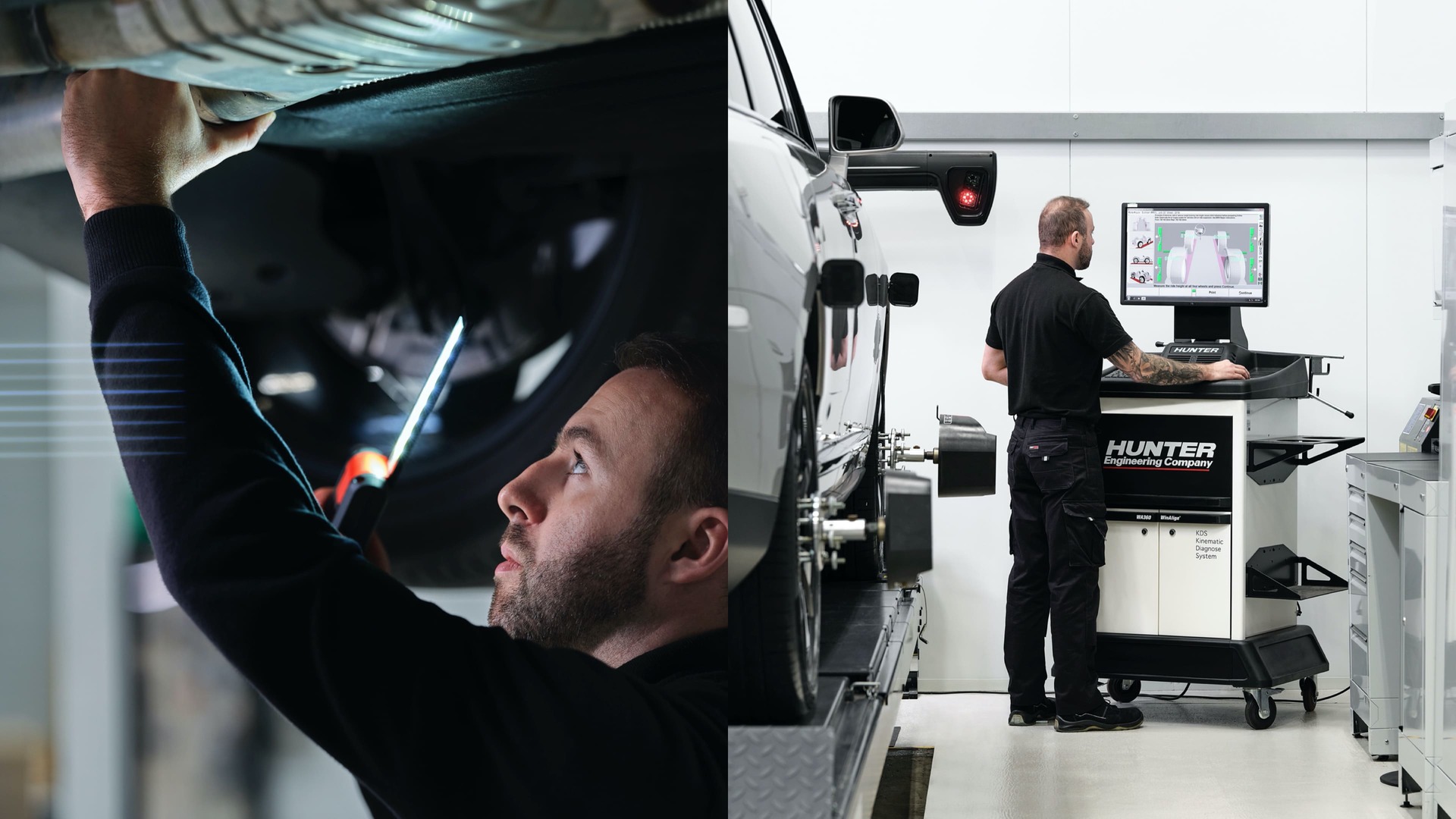 Two engineers at work, one underneath a Rolls-Royce motor car, the other interacting with a computer