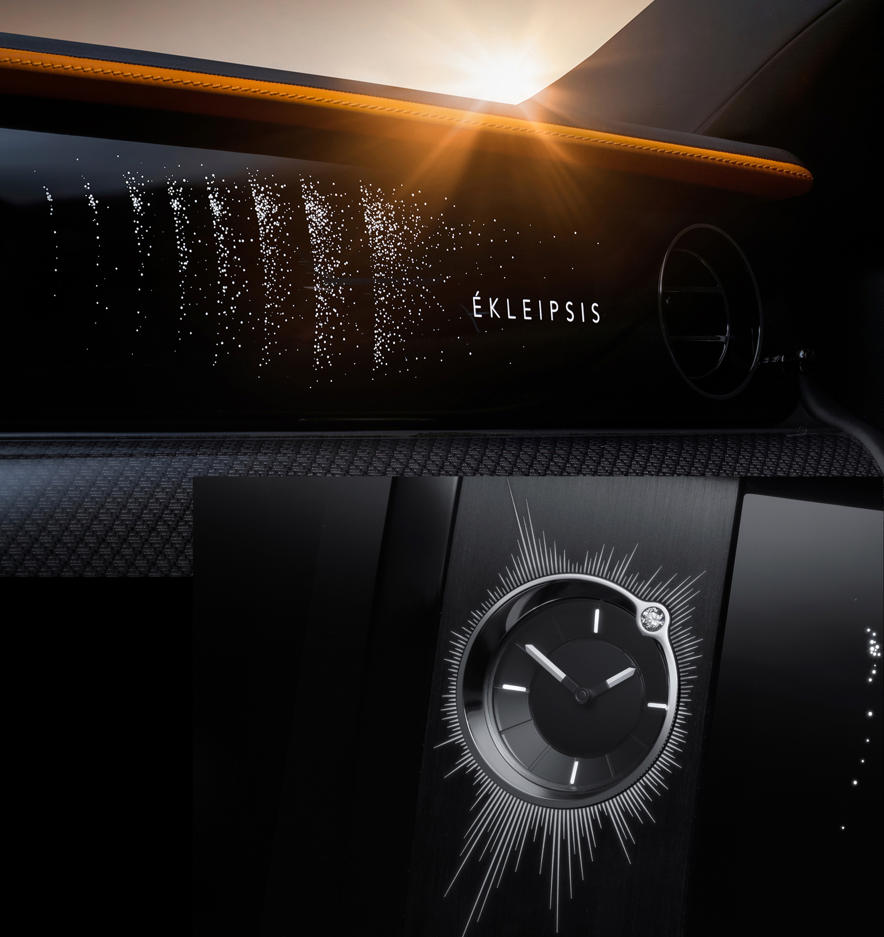 rolls royce ghost australia price Close up of Black Badge Ghost Ekleipsis Diamond Ring Fascia and clock and sunbeams shining on