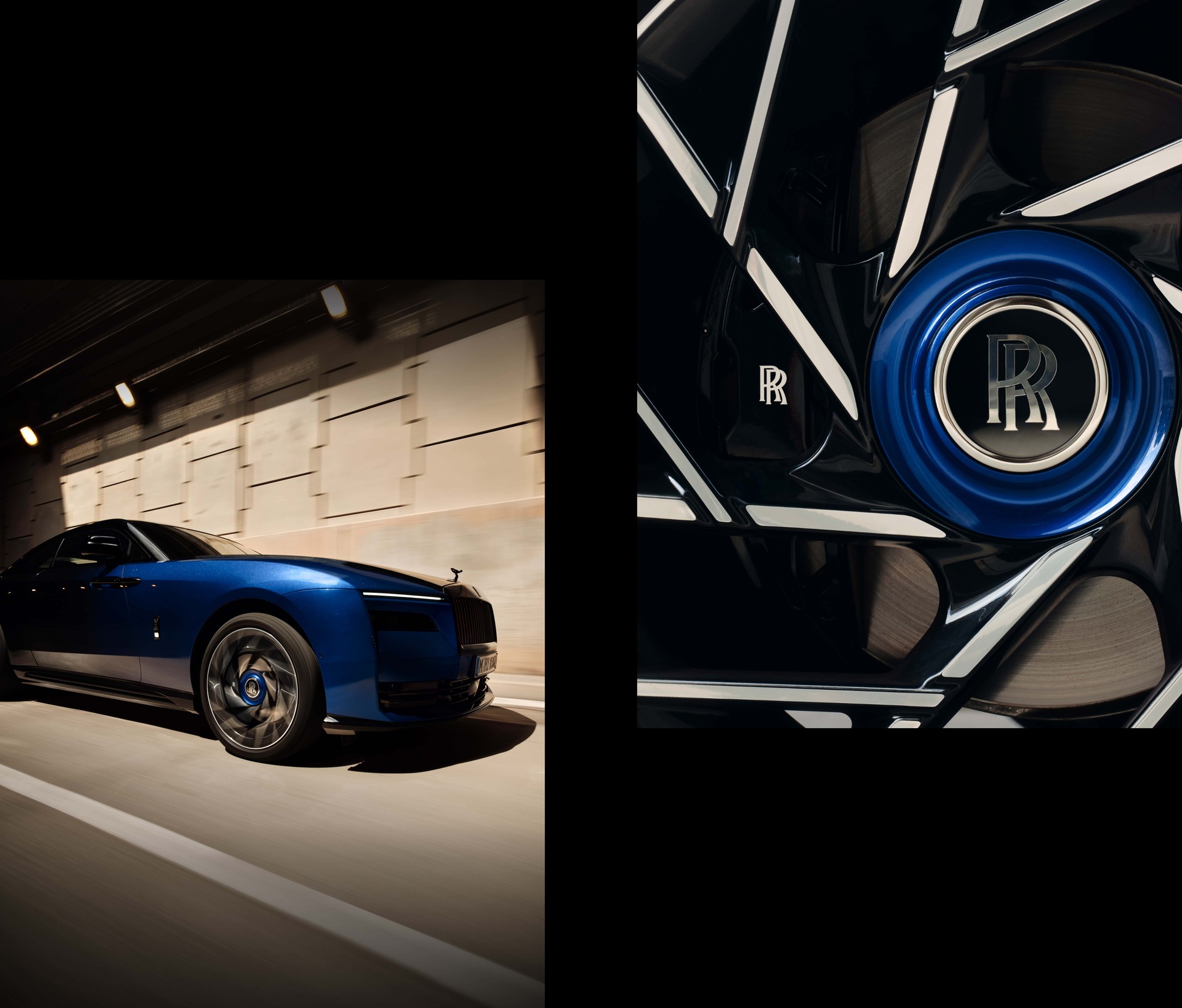 Black Badge Spectre with the Gradient Two-Tone finish drives through a tunnel, alongside a close-up of one of its wheels.