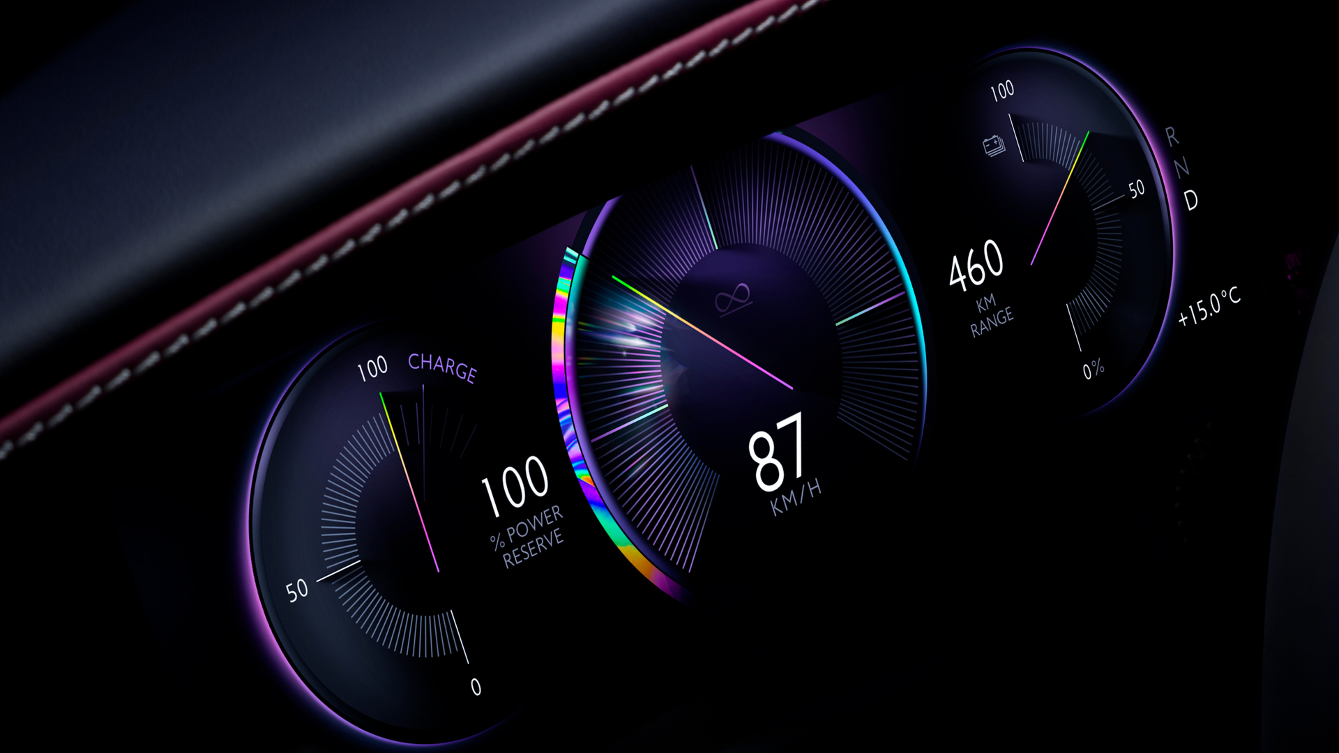 Close up shot of the Black Badge Spectre speedometer, showcasing the beautiful multi colour functionality. 