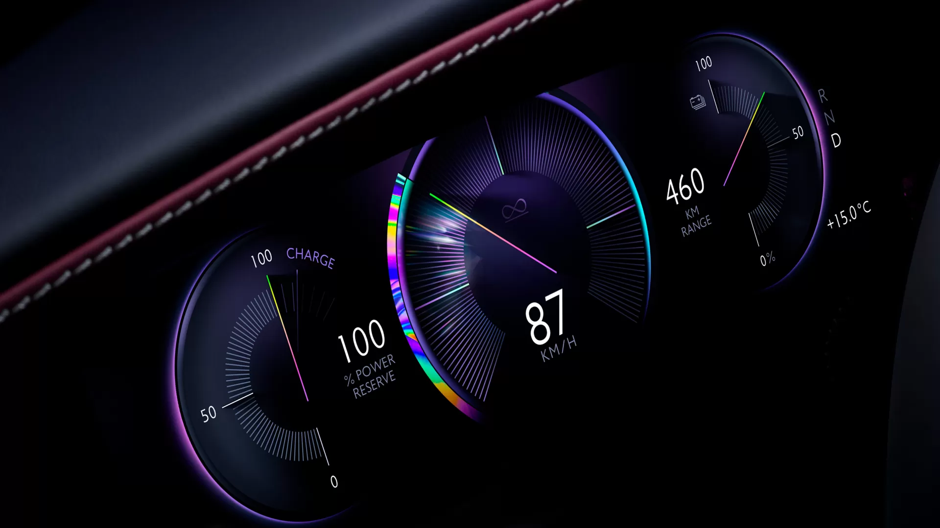 Close up shot of the Black Badge Spectre speedometer, showcasing the beautiful multi colour functionality. 
