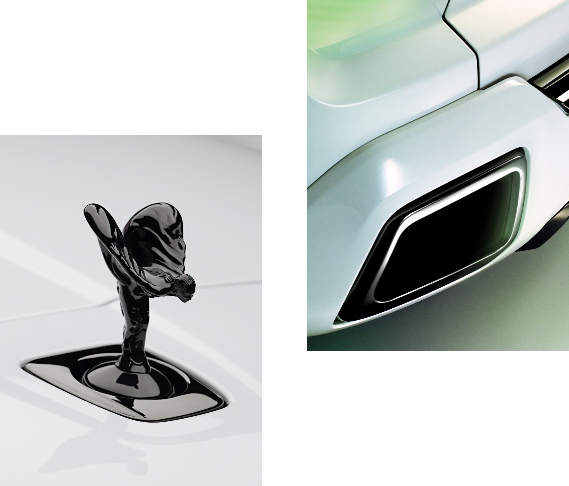 A photo of the Spirit of Ecstasy on the left and a detailed view of the chrome exhausts on the right