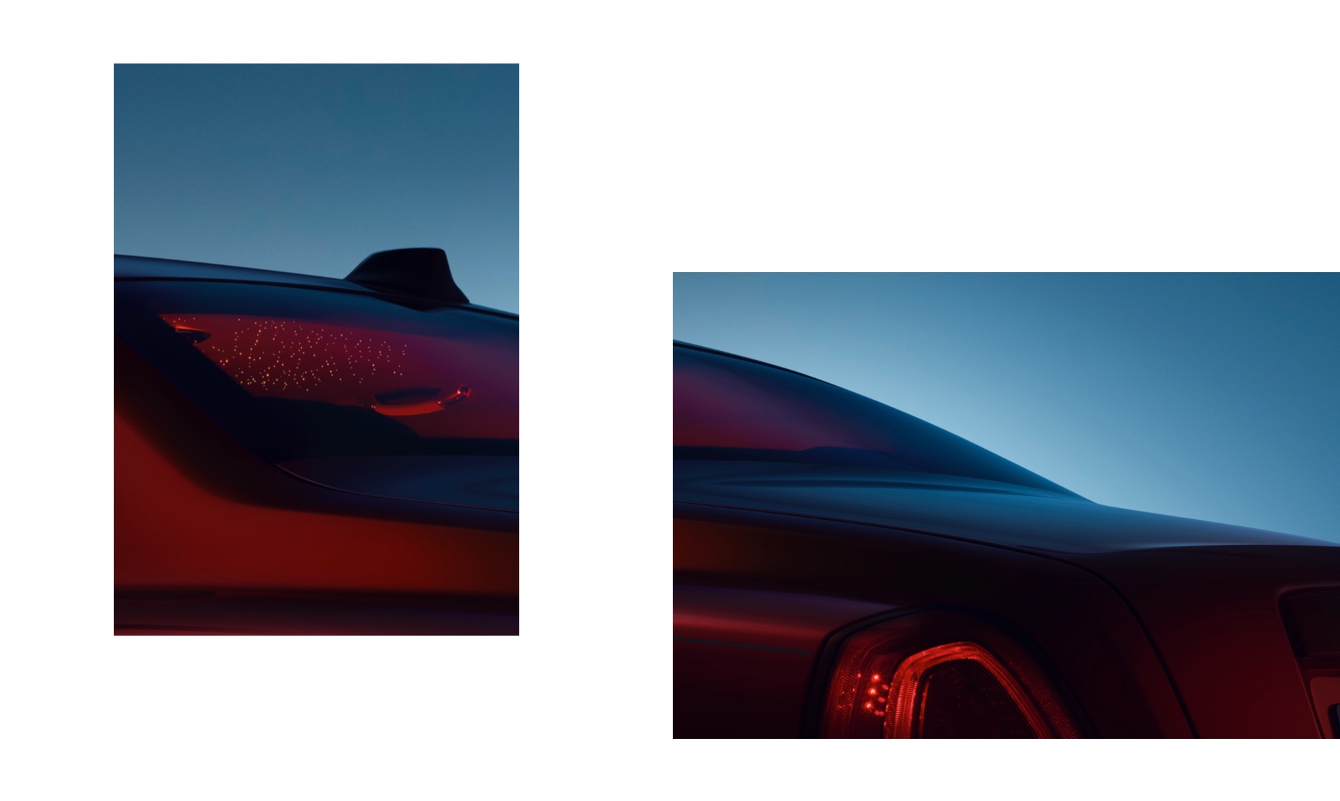 Viewing the starlight headliner with red lights through the rear window and rear exterior of the Rolls-Royce