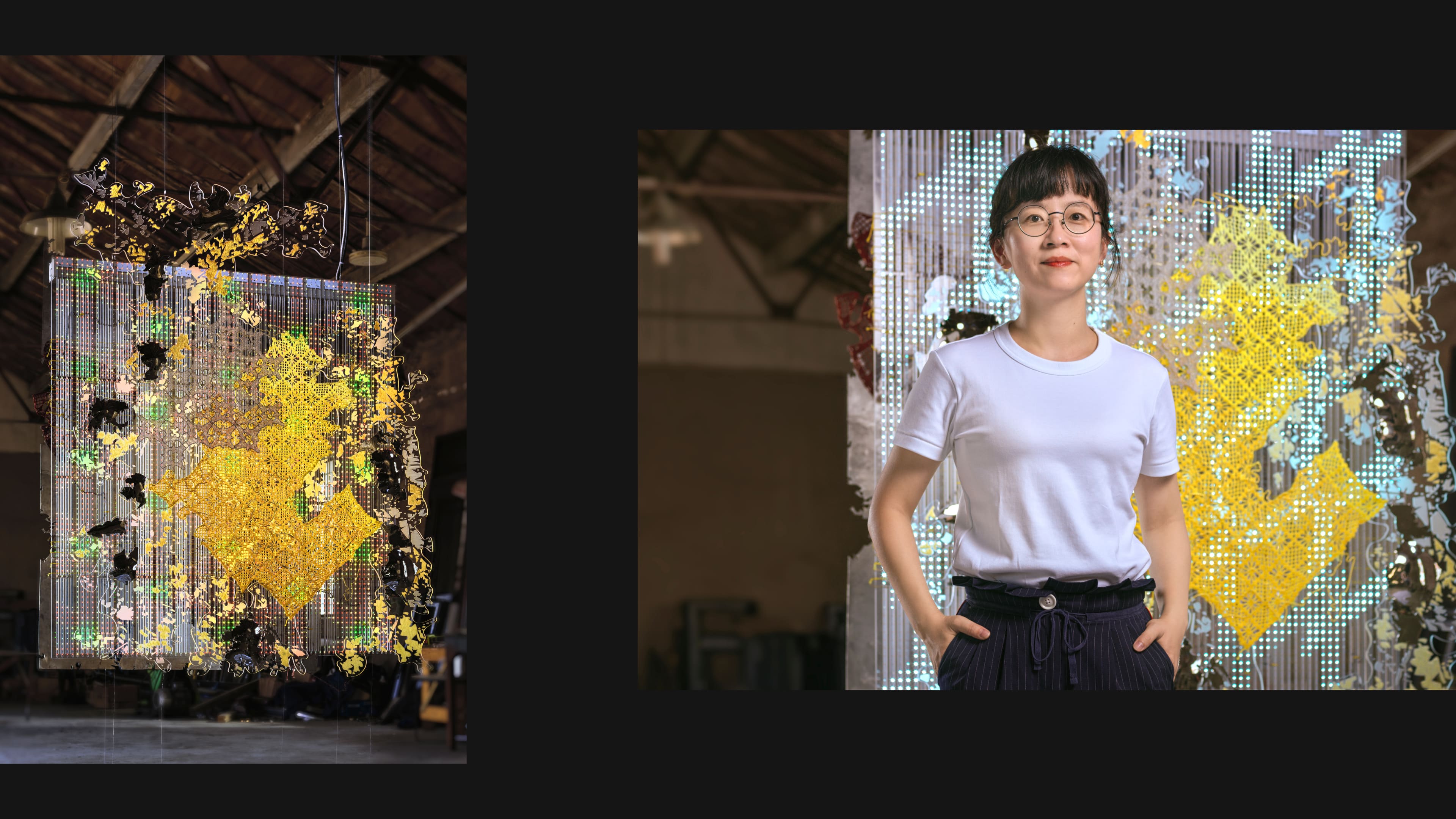 A collage with two images of Bi Rongrong and her artwork