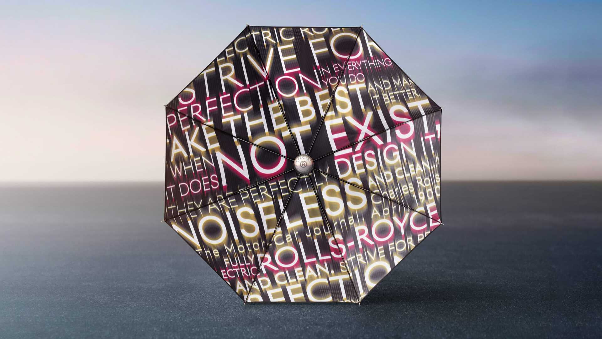 Inside view of the Rolls-Royce umbrella with the striking Spectre prophecy