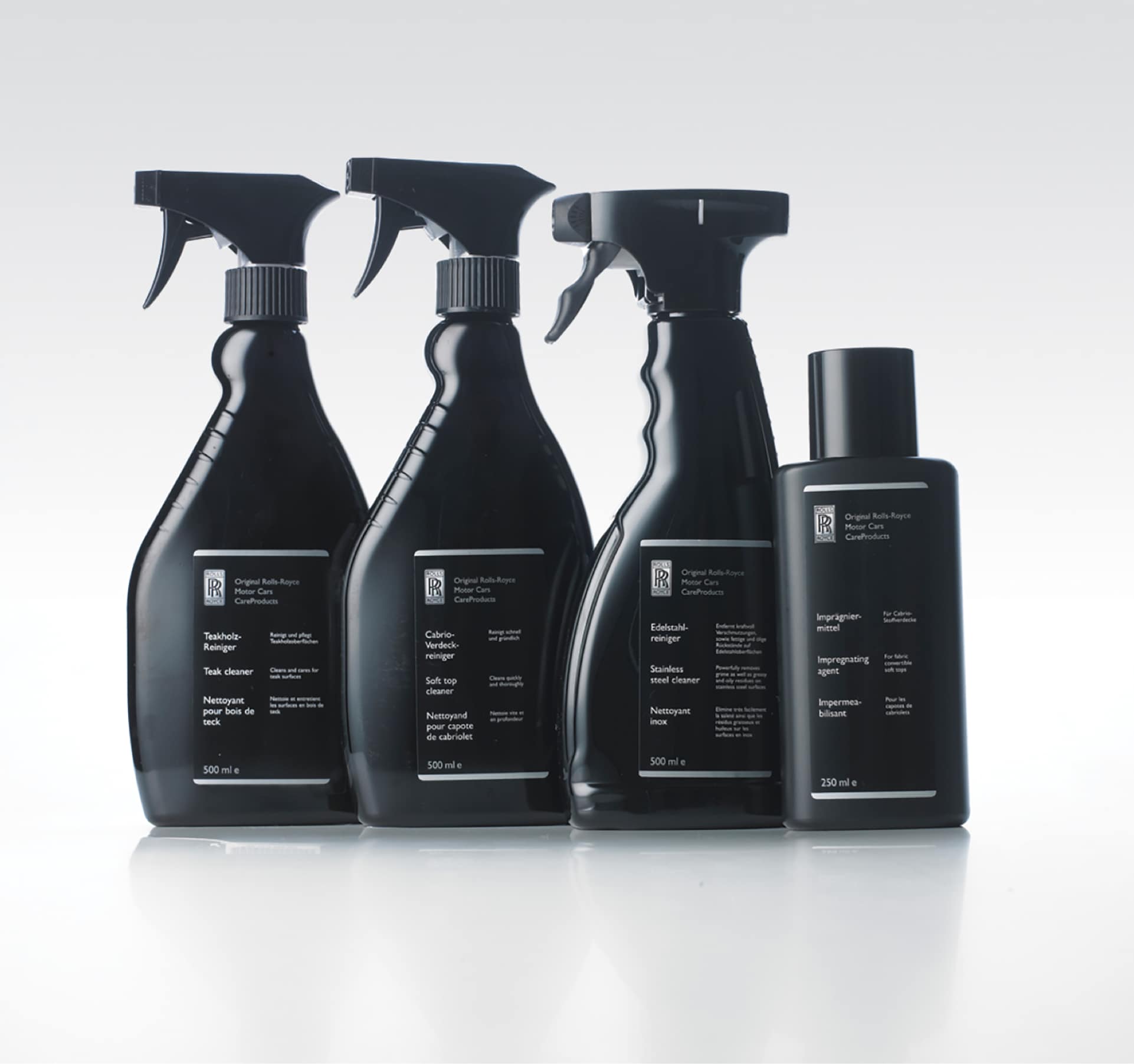 Range of Rolls-Royce cleaning products including teak, stainless steel and soft top cleaner, designed specifically to maintain the unique elements of the Drophead Coupé