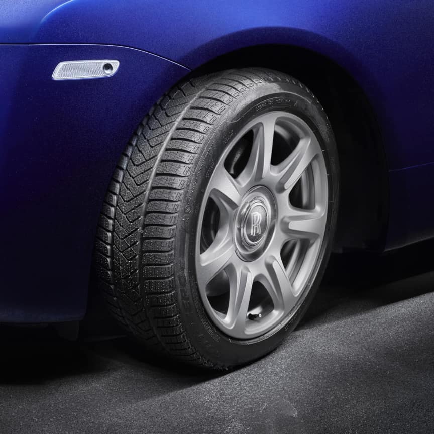 Rolls-Royce 21-inch winter wheels and tyres on Rolls-Royce motor car with signature monogram