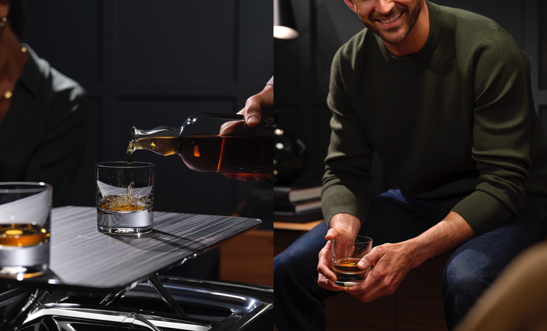 Image of pouring alcohol into a glass and a man smiling whilst holding a glass of alcohol