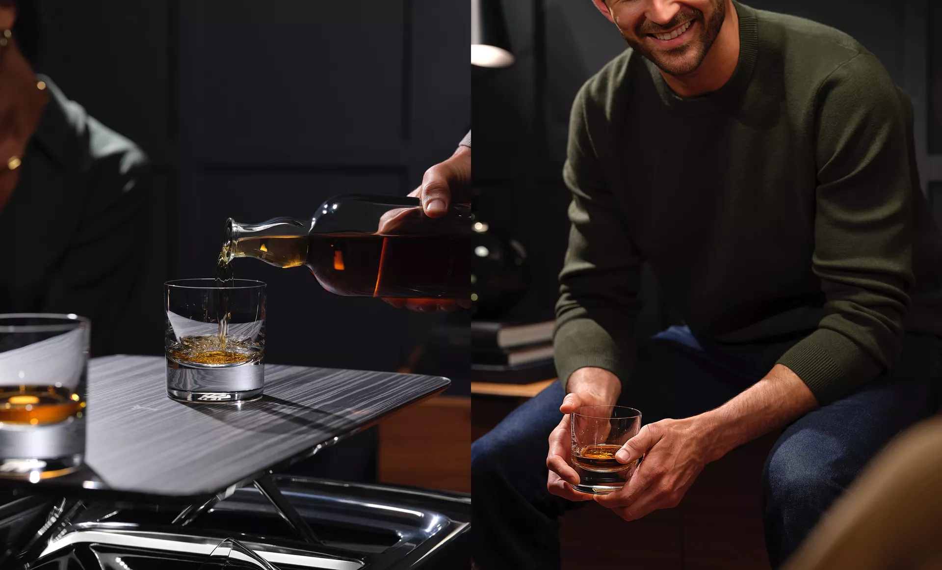 Image of pouring alcohol into a glass and a man smiling whilst holding a glass of alcohol