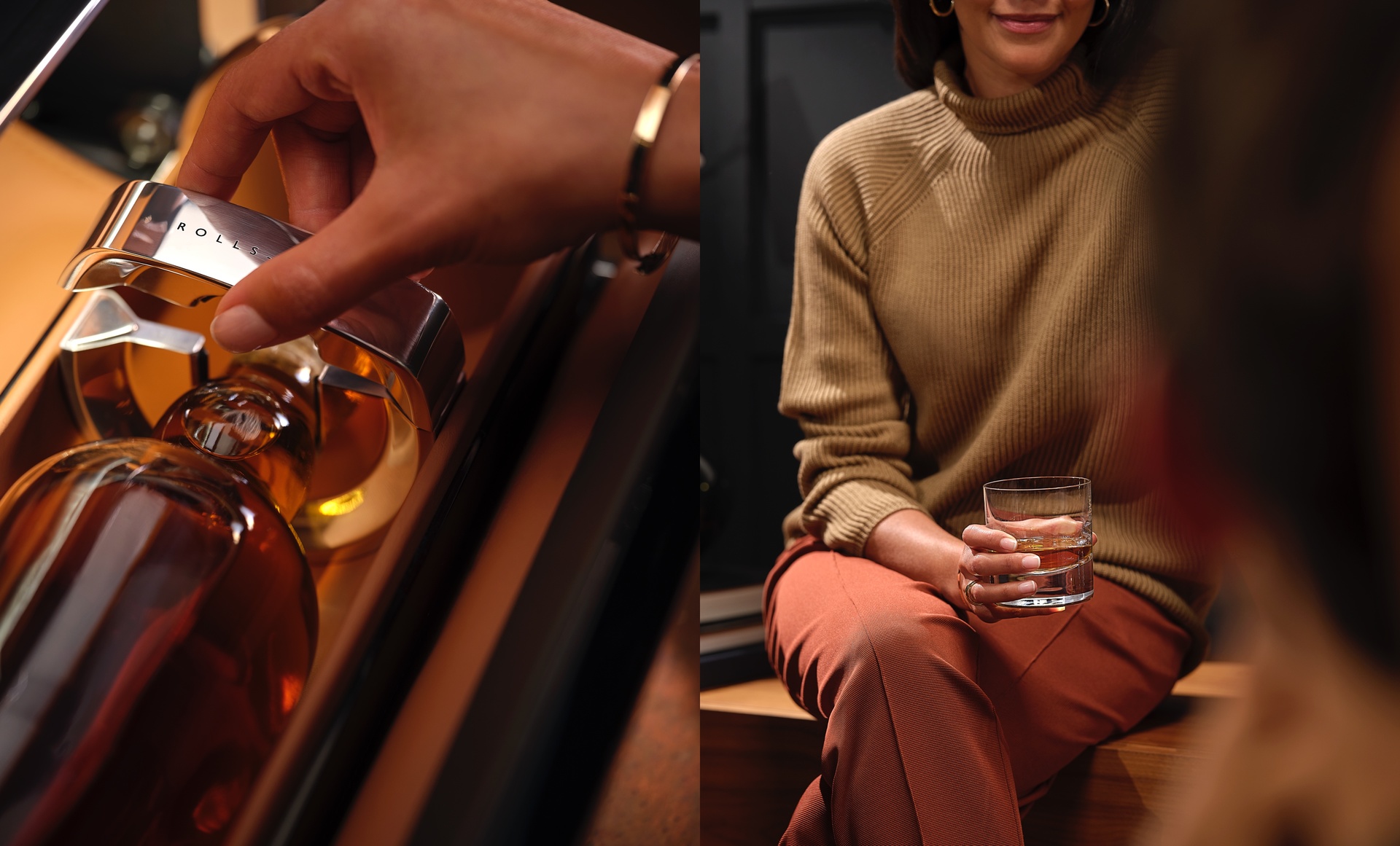 Two side by side photos displaying an alcoholic beverage with Rolls Royce engrained on it as well as a lady drinking alcohol from a glass cup.