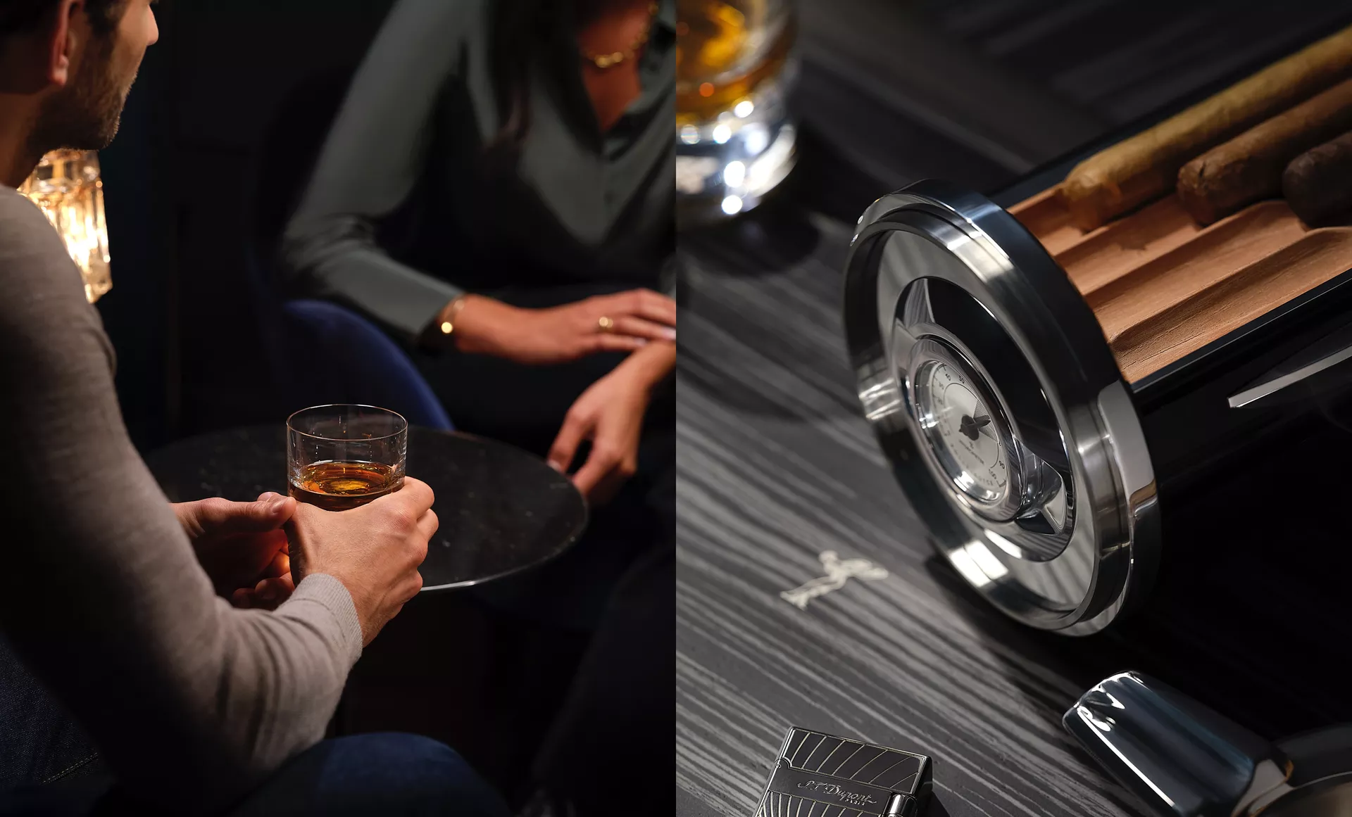 Two side by side photos of two people have a meeting with a glass of alcohol in someones hand as well as a humidor 