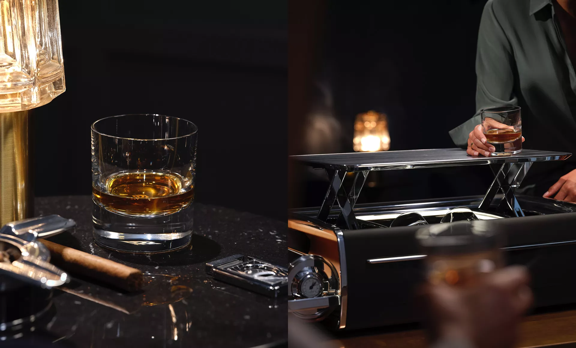 Two side by side photos of a glass with an alcoholic drink inside and a gentleman holding an alcoholic beverage on top of the Cellarette