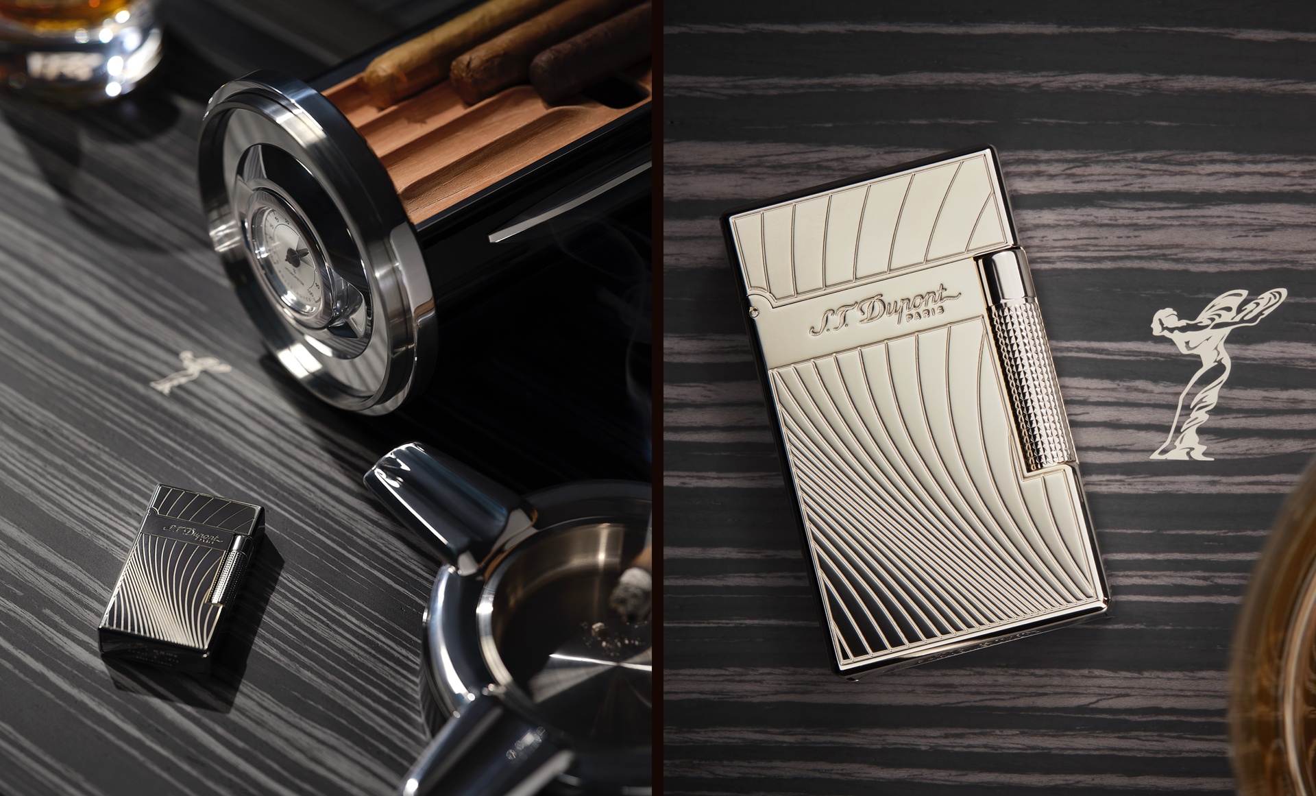 Two side by side photos displaying custom lighter with Spirit of Ecstasy logo and humidor in the background