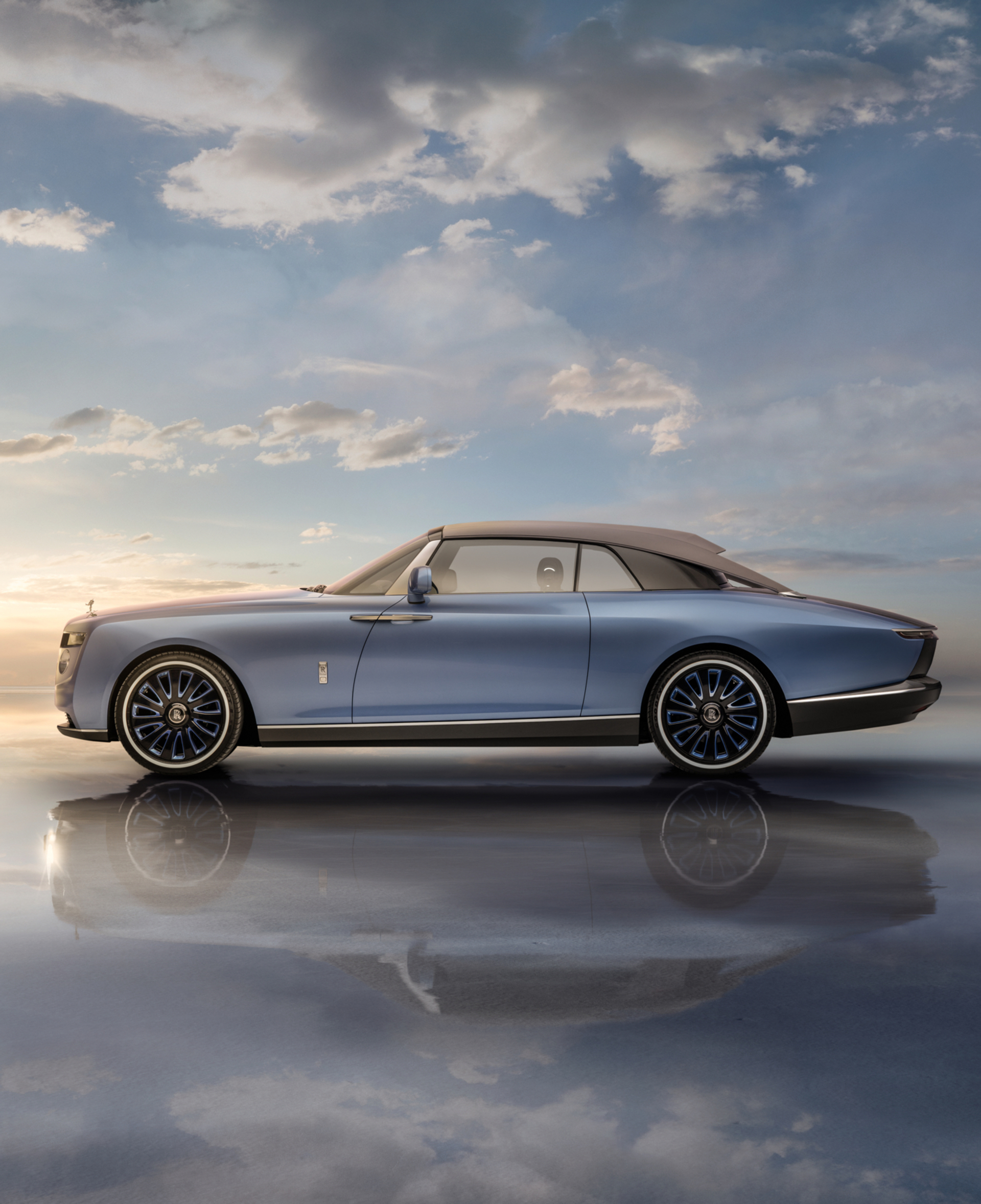 left side of the Boat Tail reflecting off the salt flats with the coupe closed