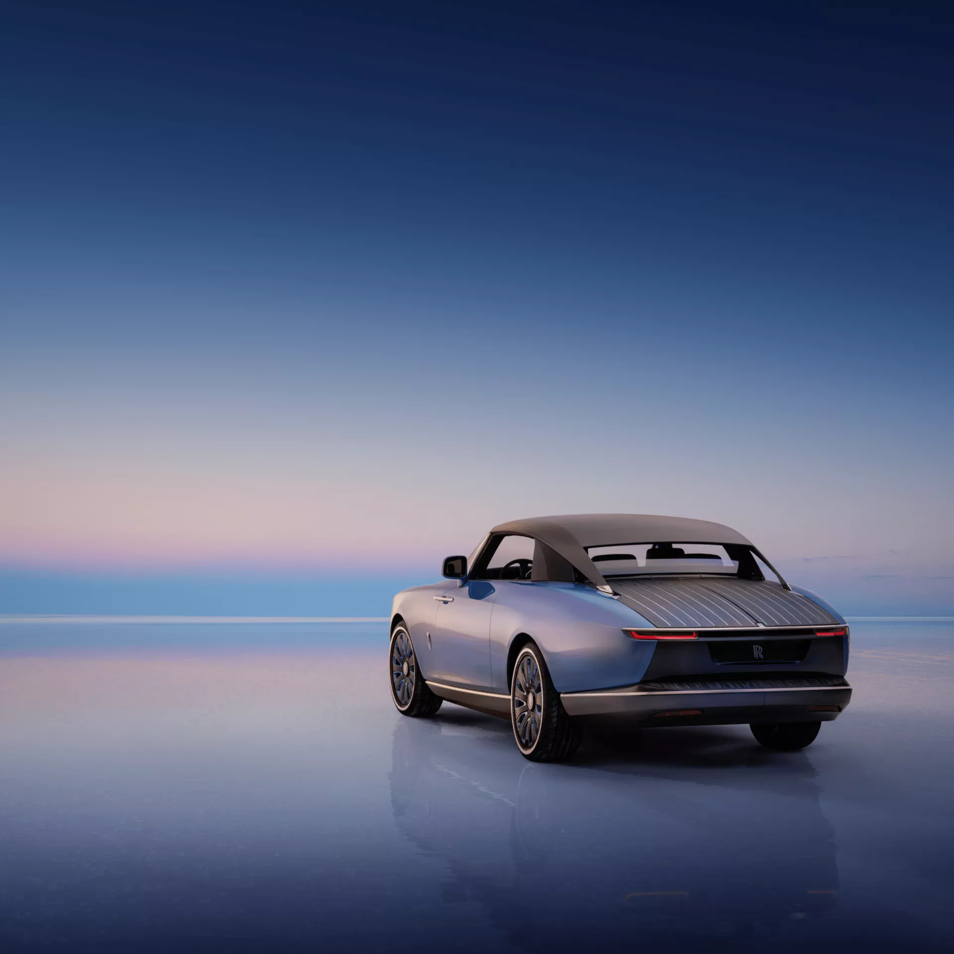 rear shot of the Boat Tail reflecting off the salt flats at dawn