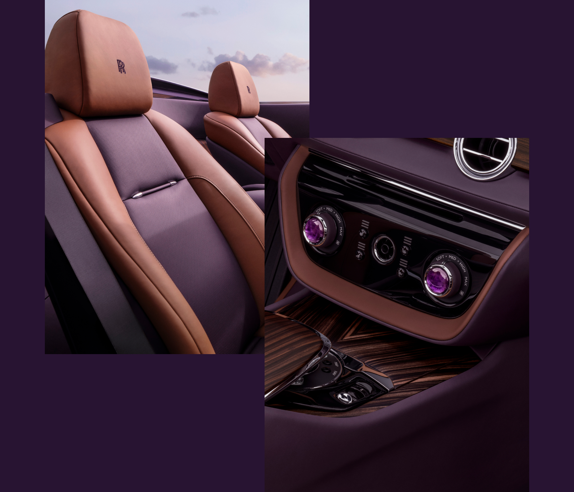 A collage with two images featuring the interior of the Rolls-Royce Amethyst Droptail