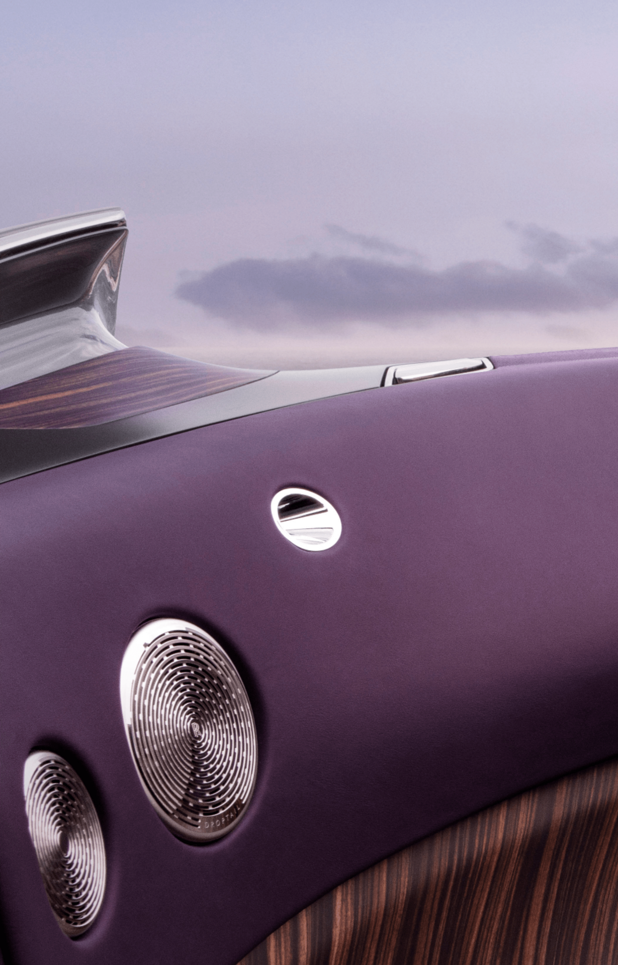 Detailed view of the shawl panel in purple and wood