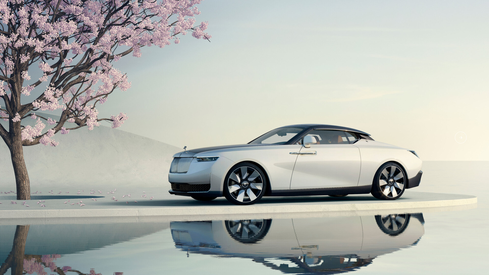 Side profile of Arcadia Droptail with roof closed, and car reflection appearing in the water. 