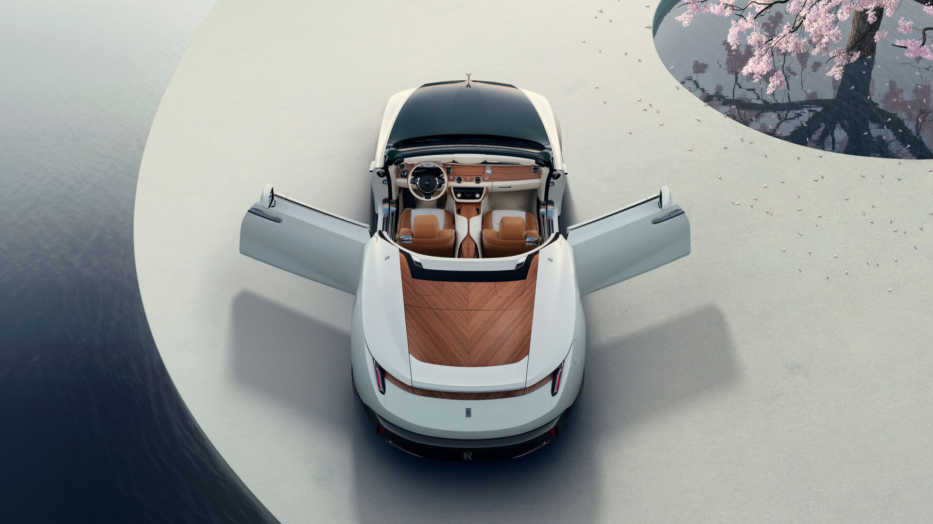 Overhead angle of Arcadia Droptail on a concrete platform with the doors open and roof open