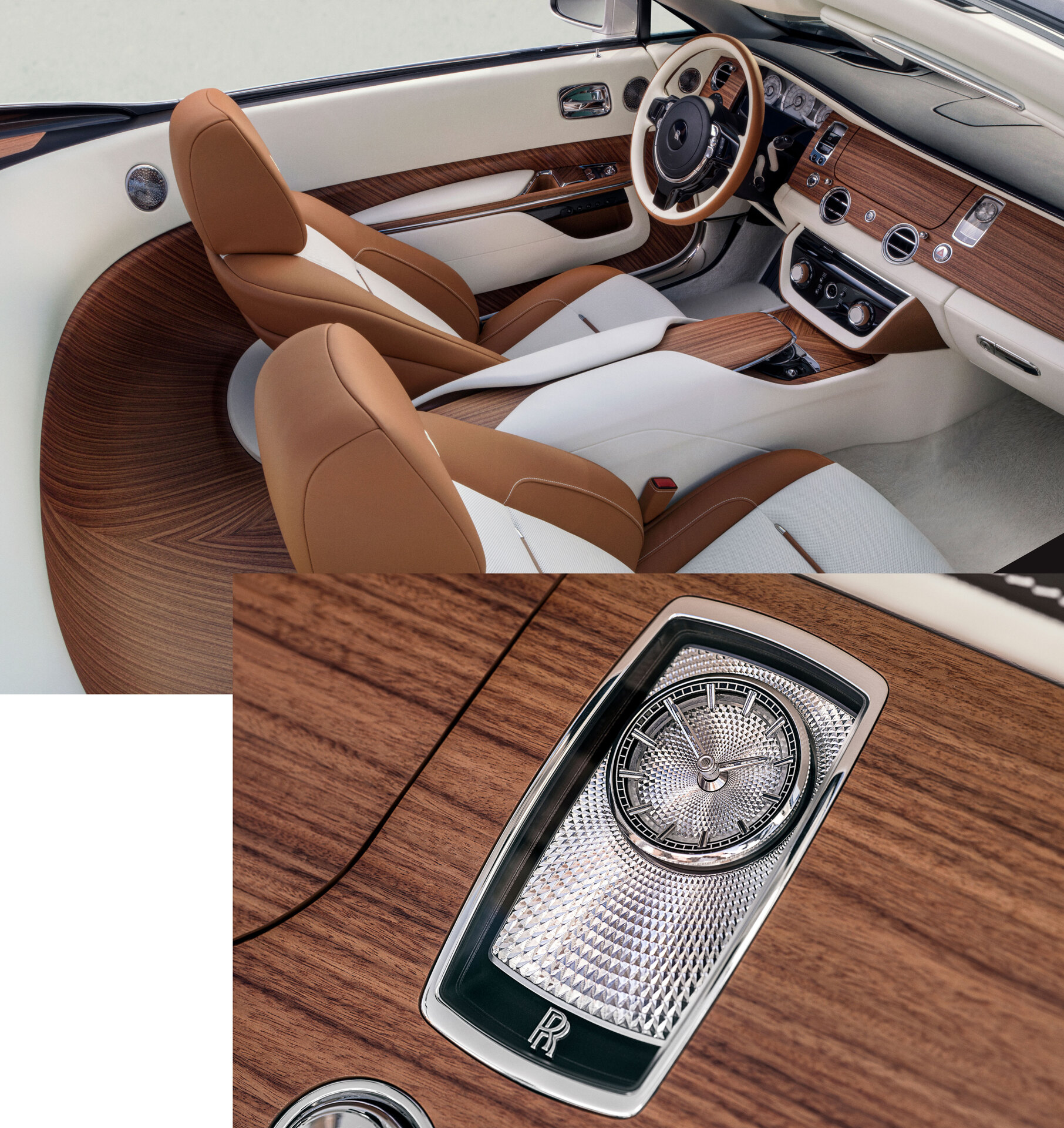 Collage image of the timepiece and overview shot of Arcadia front interior