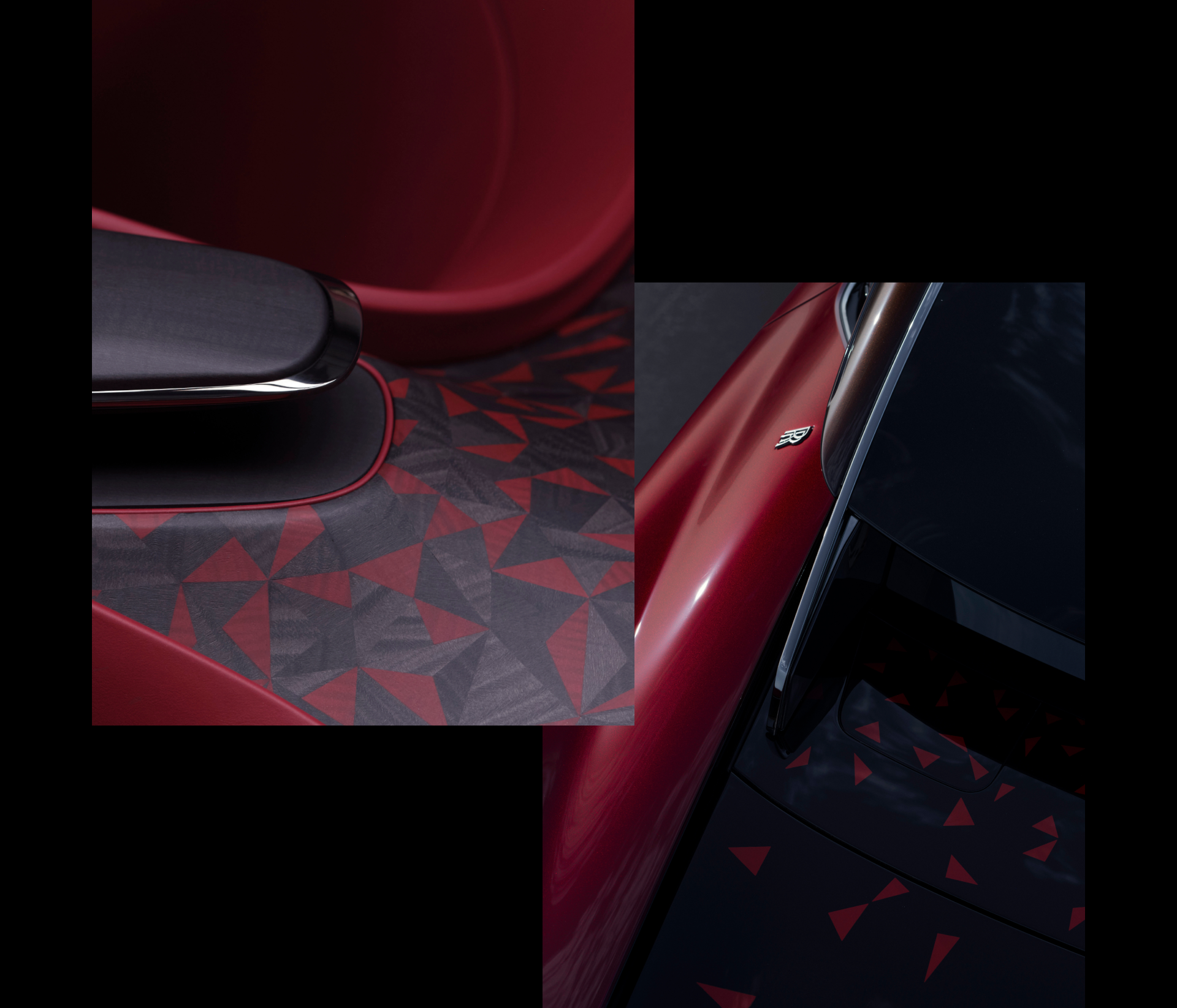 A collage with two images featuring the abstract petal motif cascades across the interior of the car