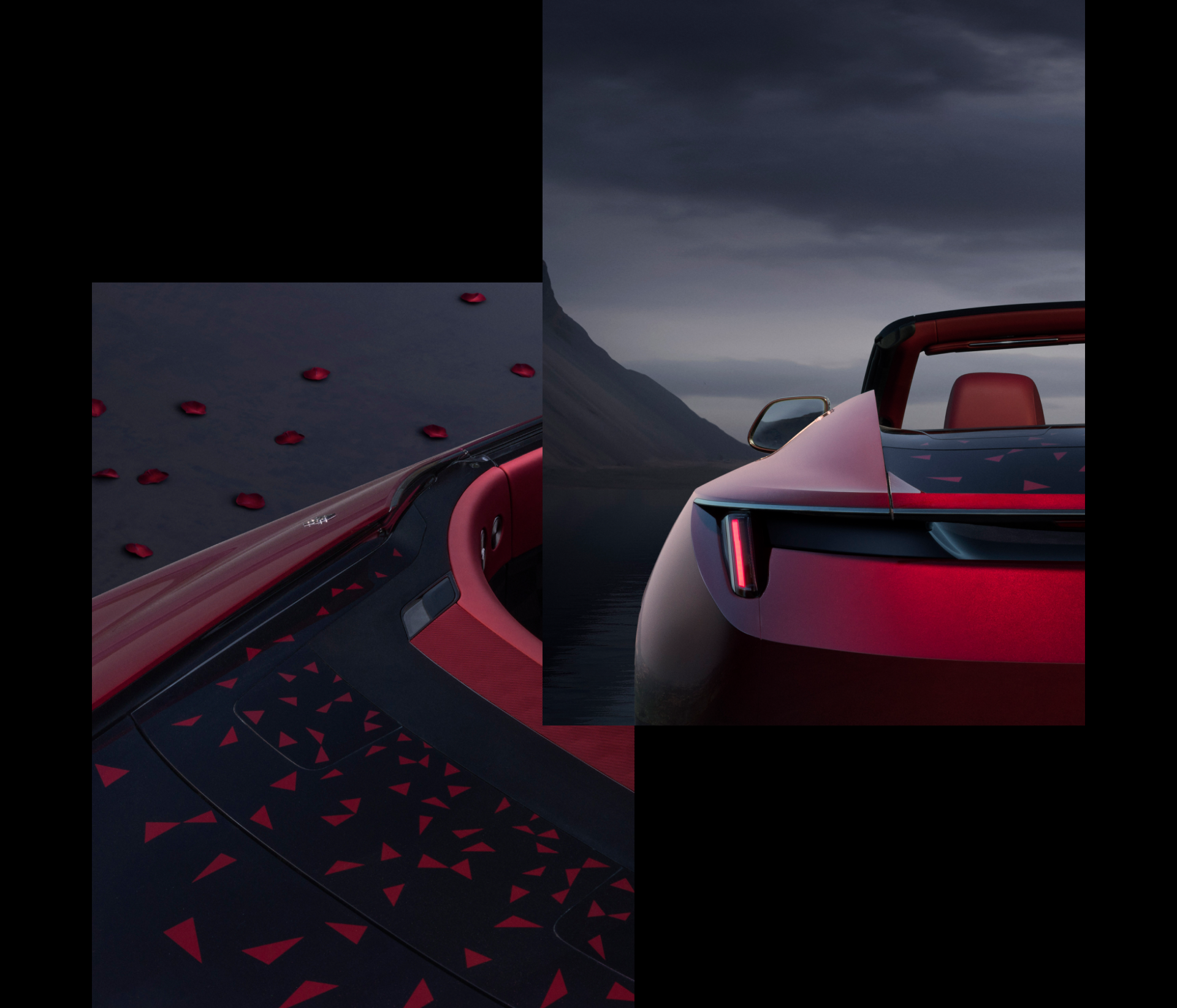 A collage with two images featuring the abstract petal motif cascades across the aft deck