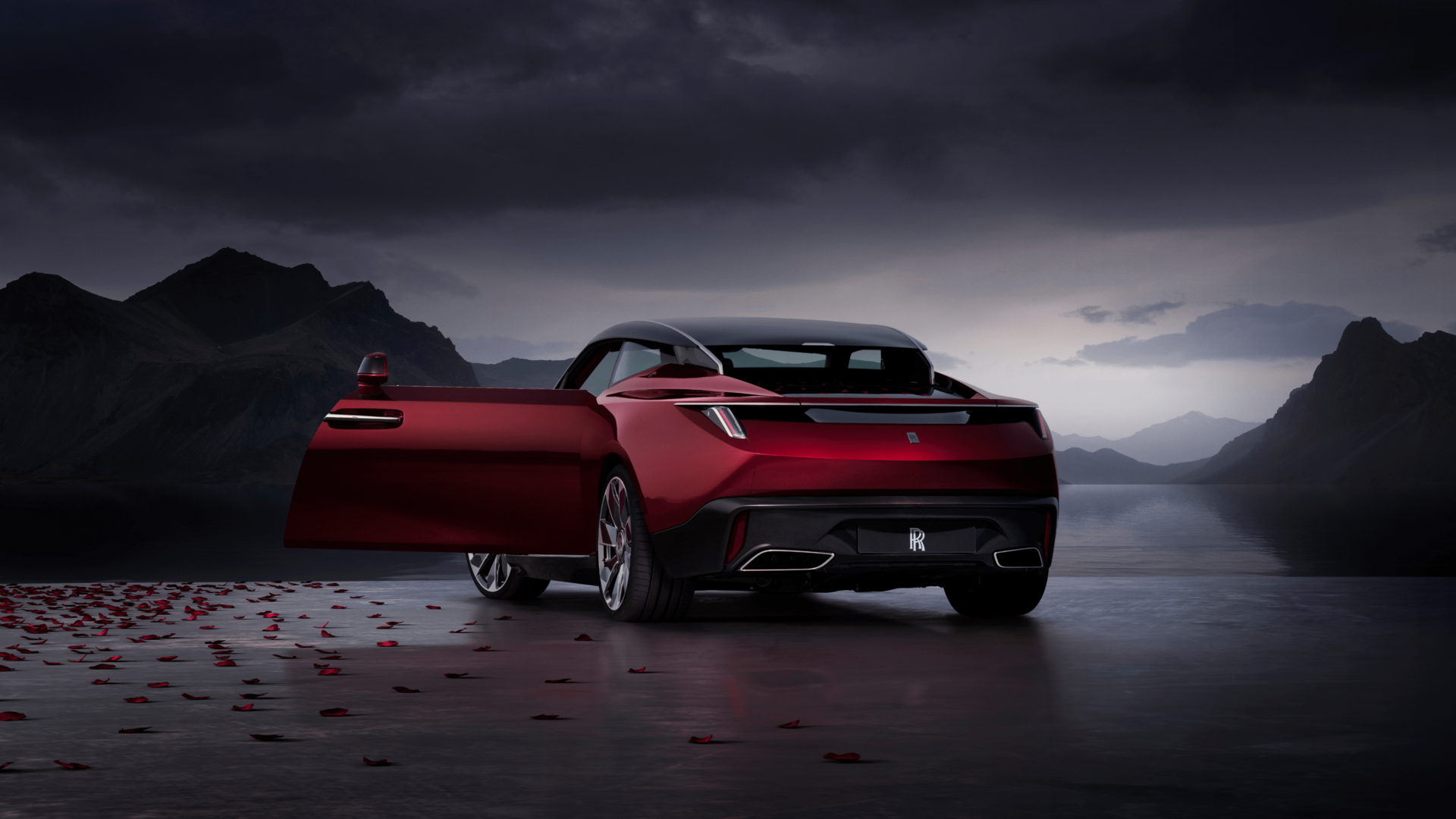 Rear view of the Rolls-Royce La Rose Noire Droptail with the door opened