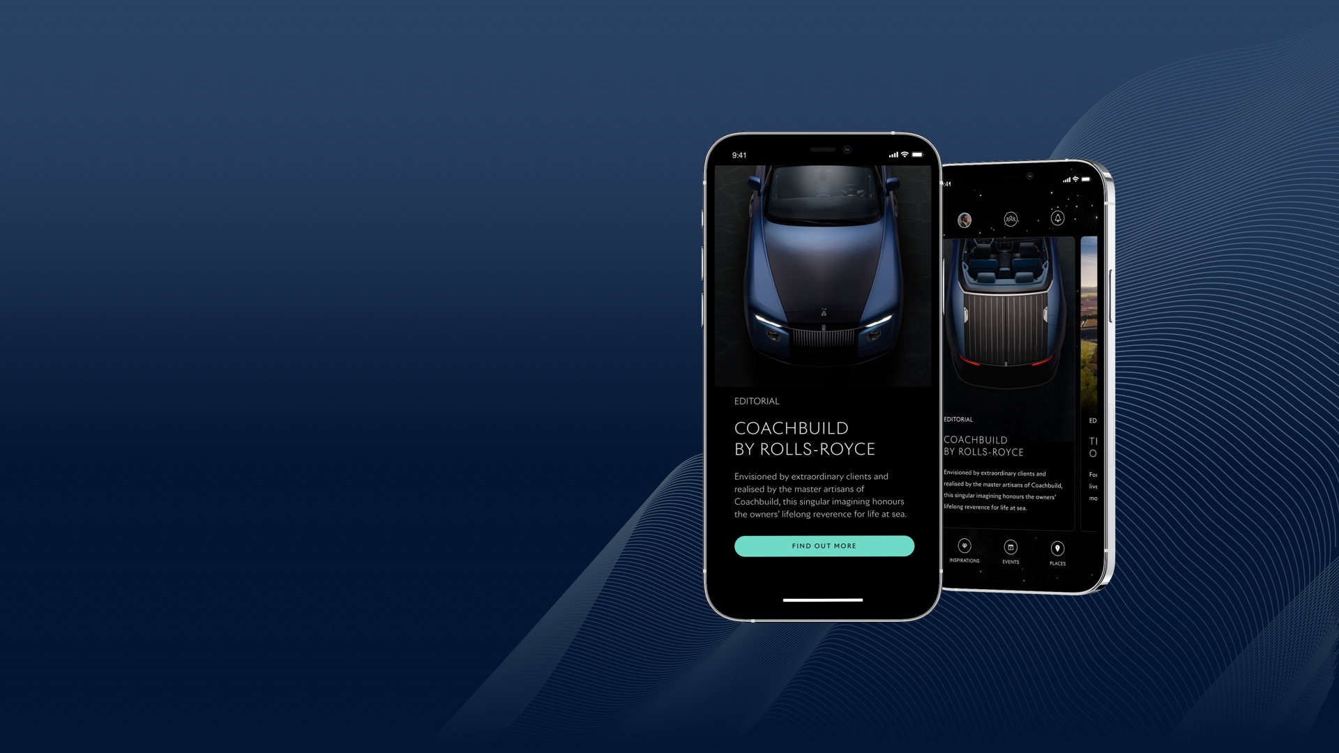 Two screenshots of the Whispers app on a blue background
