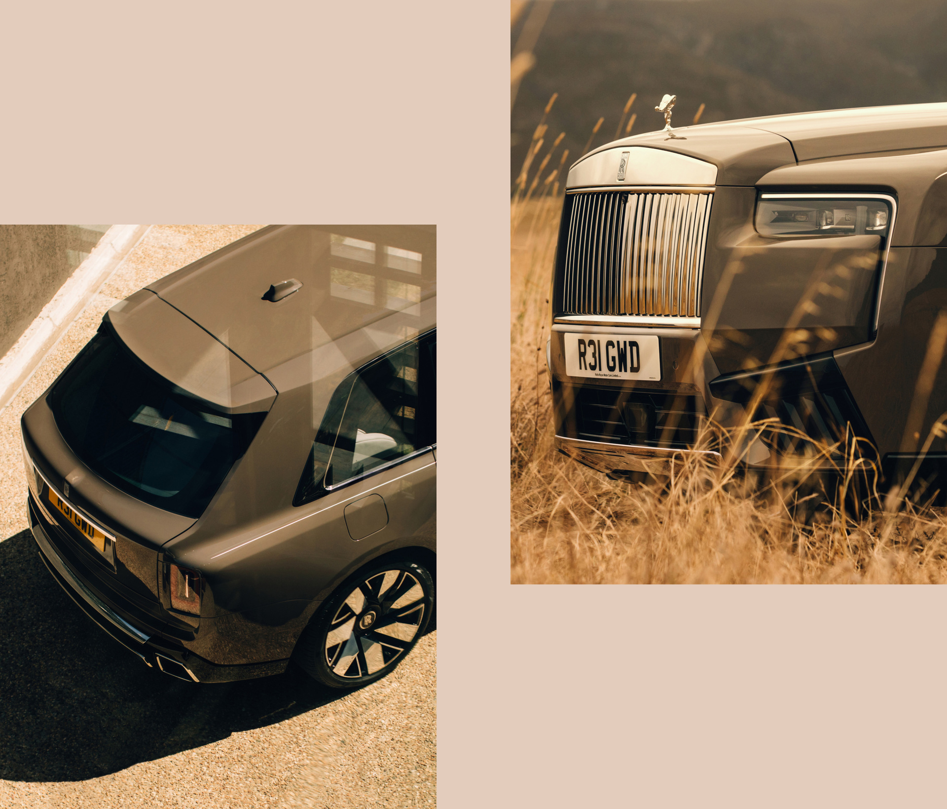 A collage with two images displaying the front and the back of the Rolls-Royce Cullinan Series II