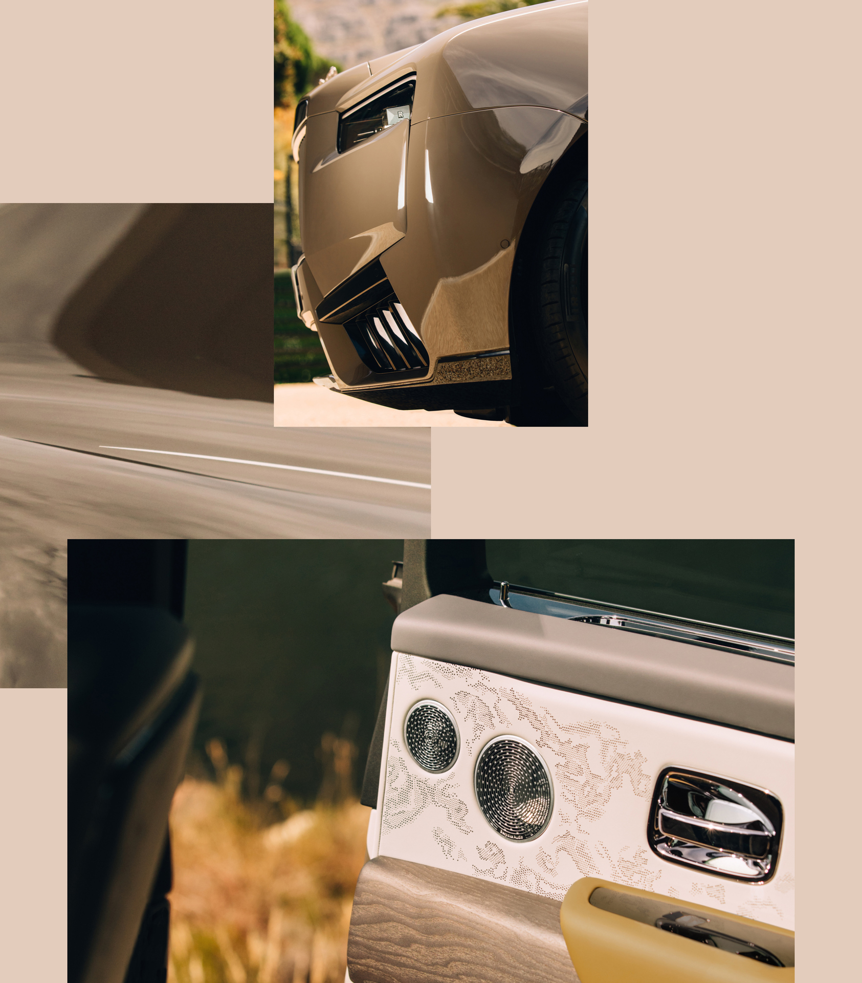 A collage with 3 images displaying details of the Rolls-Royce Cullinan Series II