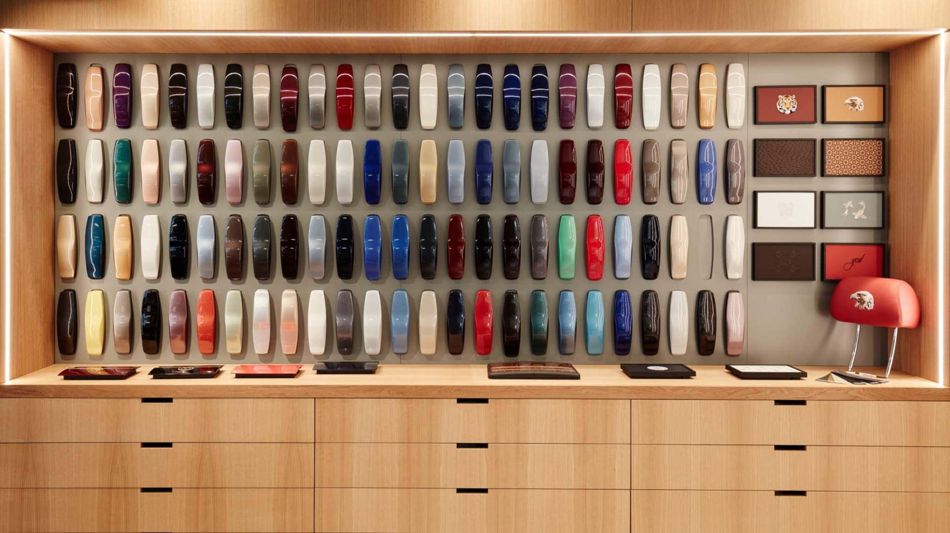 Colour wall showcasing the roster of Rolls-Royce colours at a certified dealer