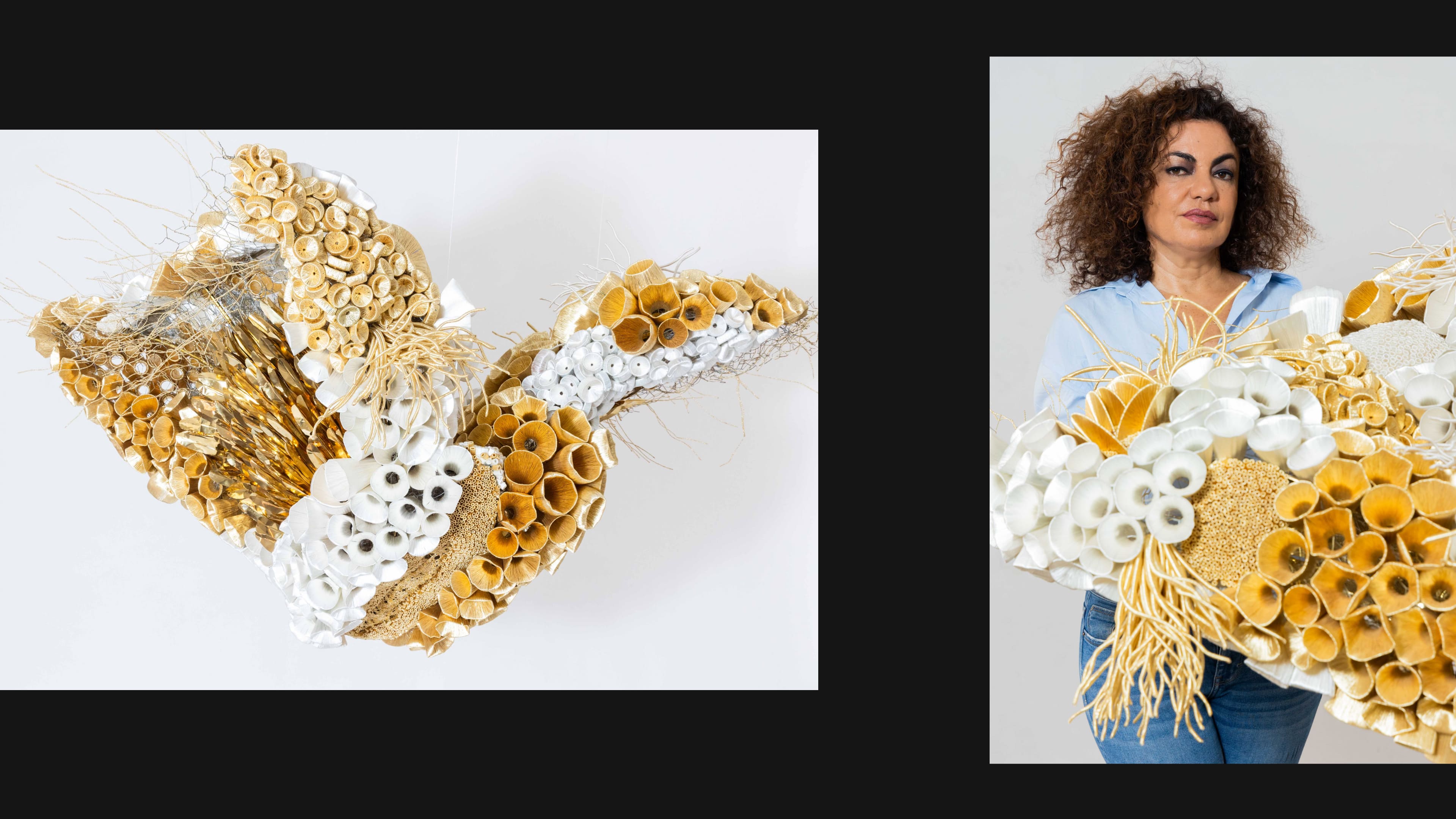 A collage of Ghizlane Sahli and her artwork
