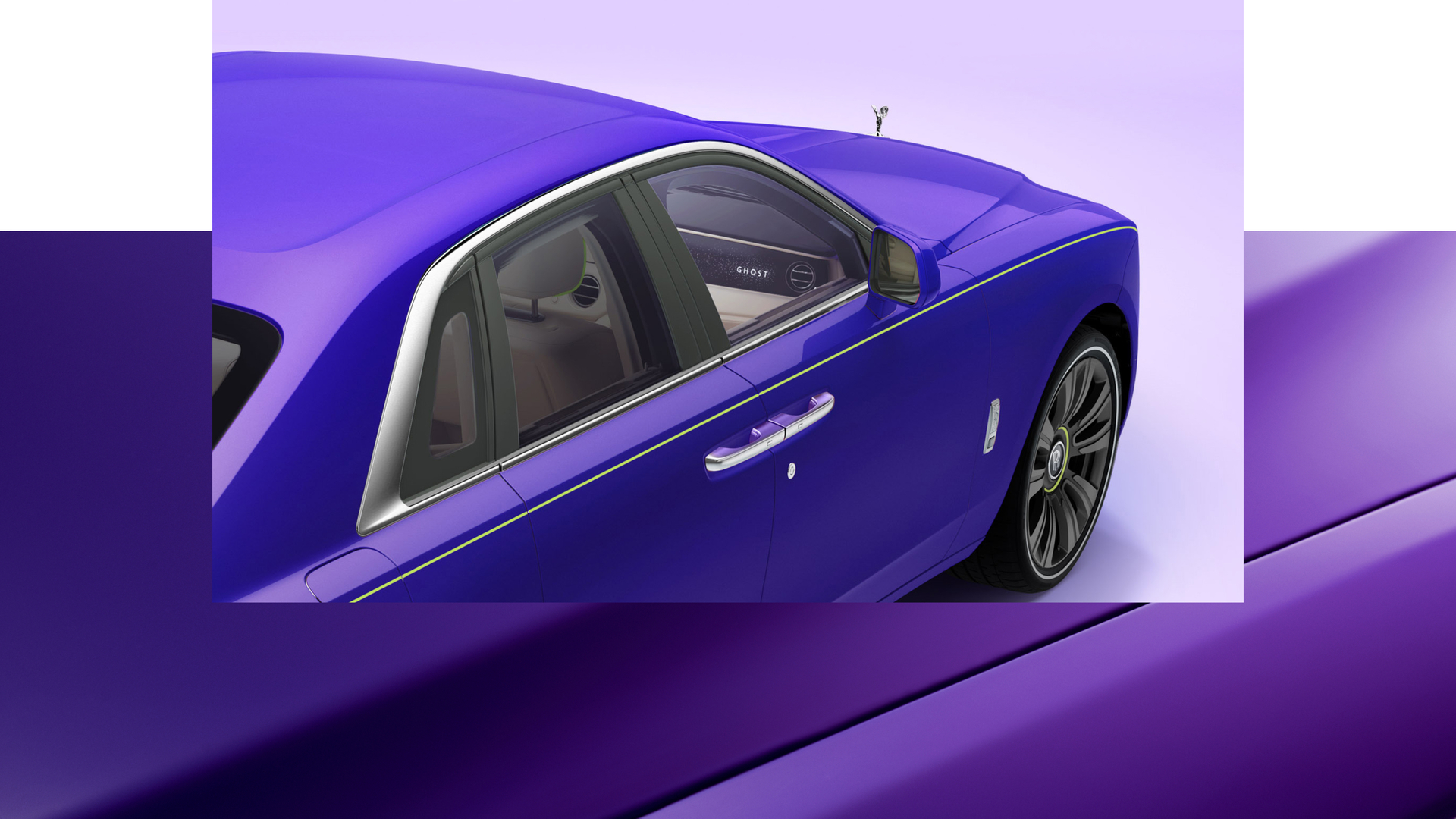 ghost rolls royce 2021 up close collage image of Tucana Purple bonnet in the background and a view of the front 3/4 Tucana Purple car on top