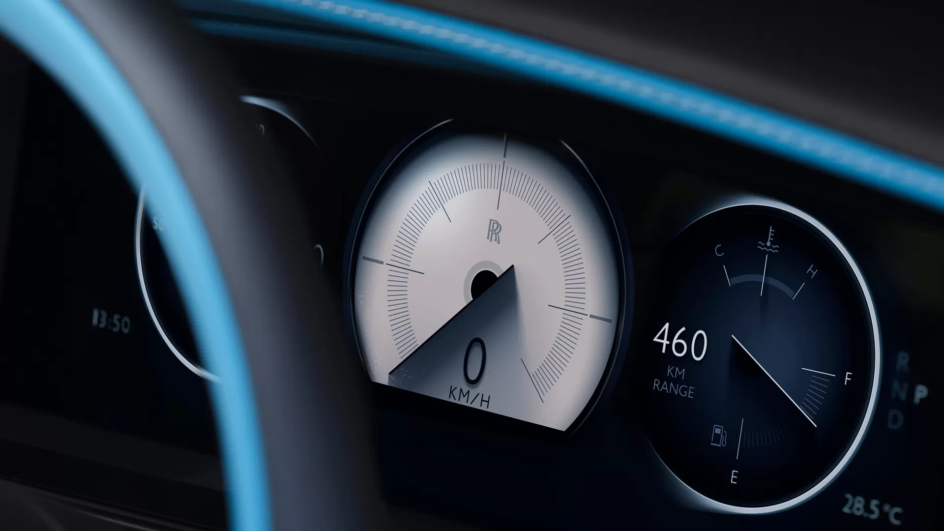 Close up of the Ghost Series II Speedometer. With white, black, and blue accents.