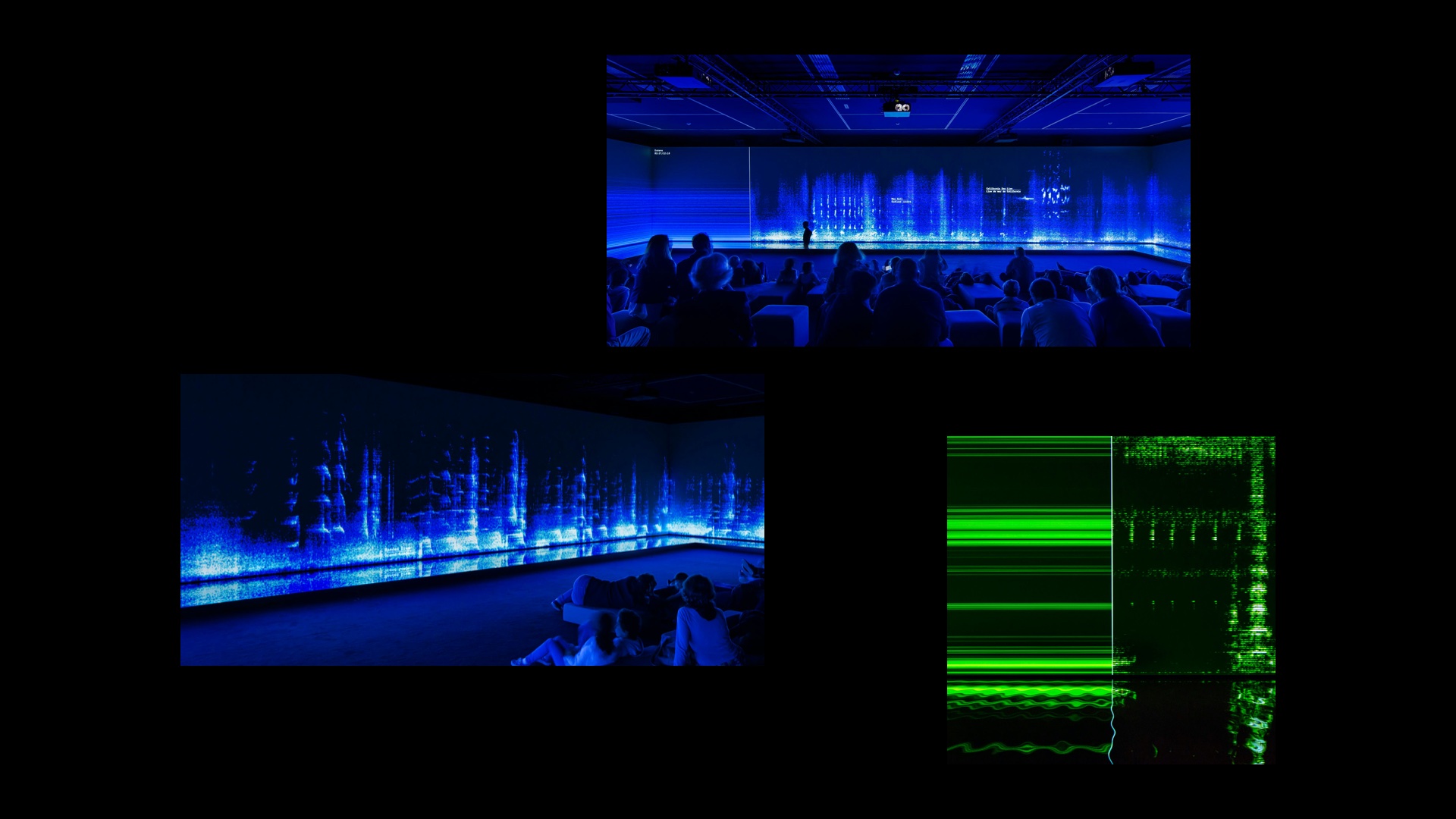 Great Animal Orchestra, 2019, Installation View 2, Milan, Image Credit: Matthew Clark. A musical performance with blue and green strobe lights. A crowd is sitting watching the stage