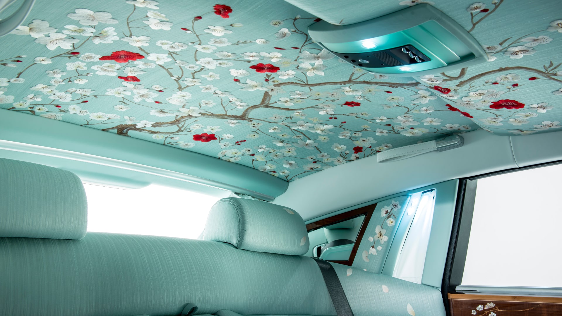 Interior view of the top of the Phantom Serenity, featuring the precious hand-painted silk embroided