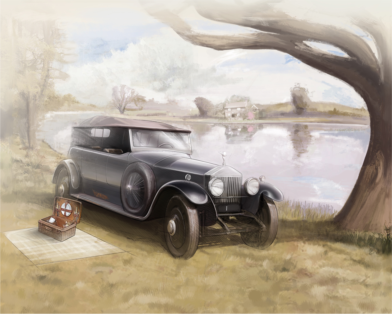 Artwork image of a early generation Phantom having a picnic beside a pond, resting gracefully under a tree.