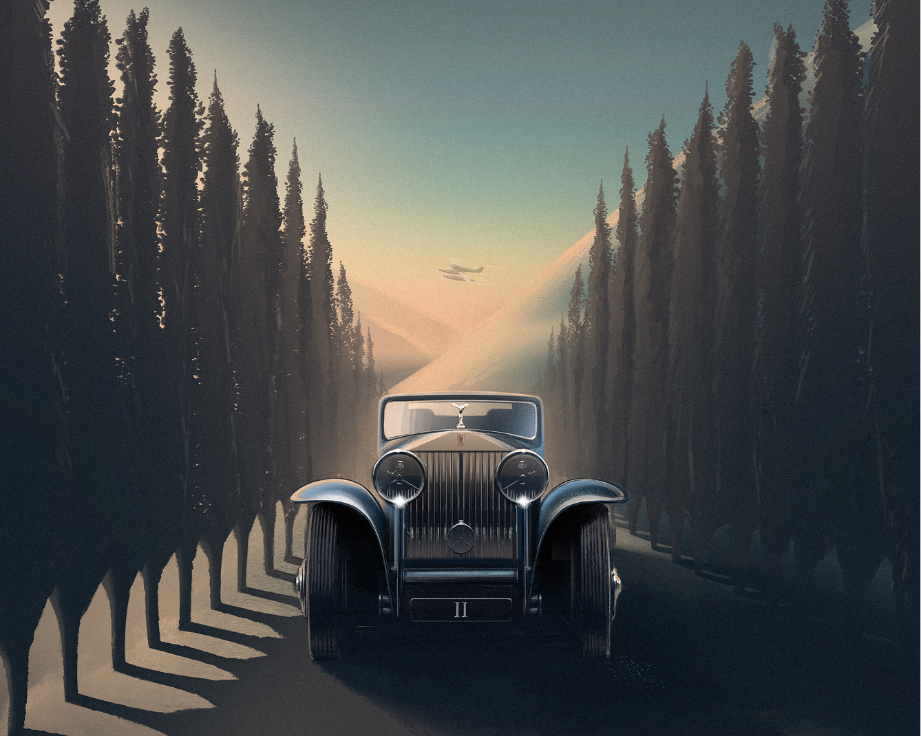 Artwork image of a first generation Rolls-Royce sitting in a orchard of pine trees, with a sunrise in the background.