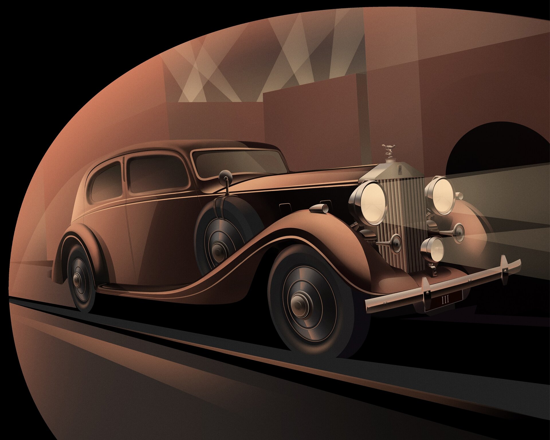 Artwork image of the old school Phantom with bronze tint driving in the night.
