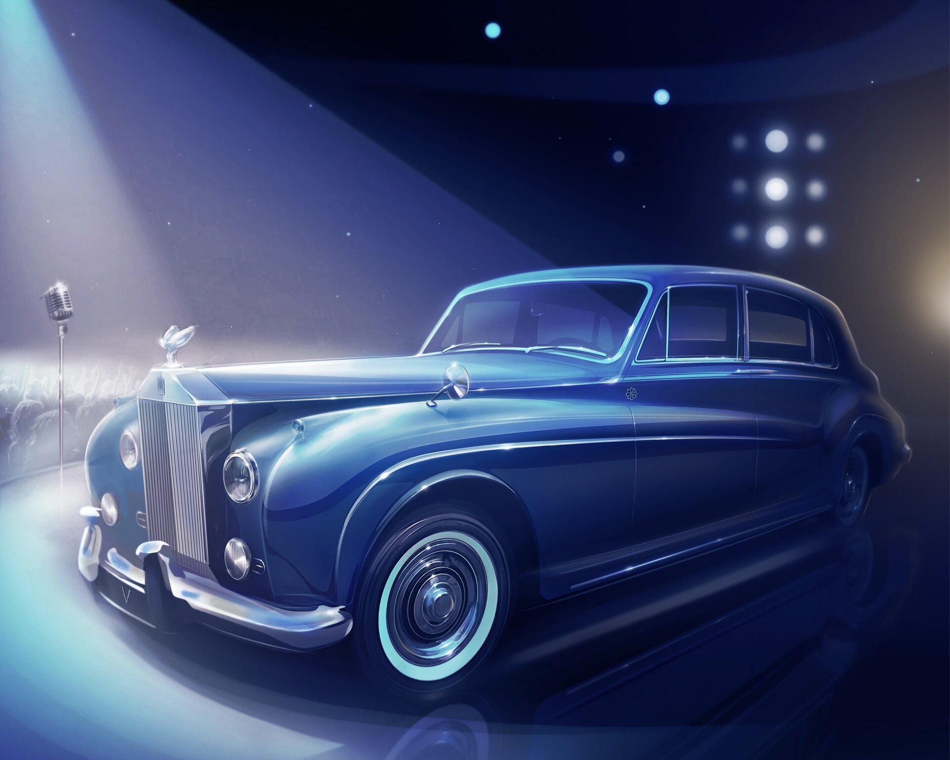 Artwork image of a side shot of an old school Phantom, parked on a theatrical stage with a microphone next to the car. 