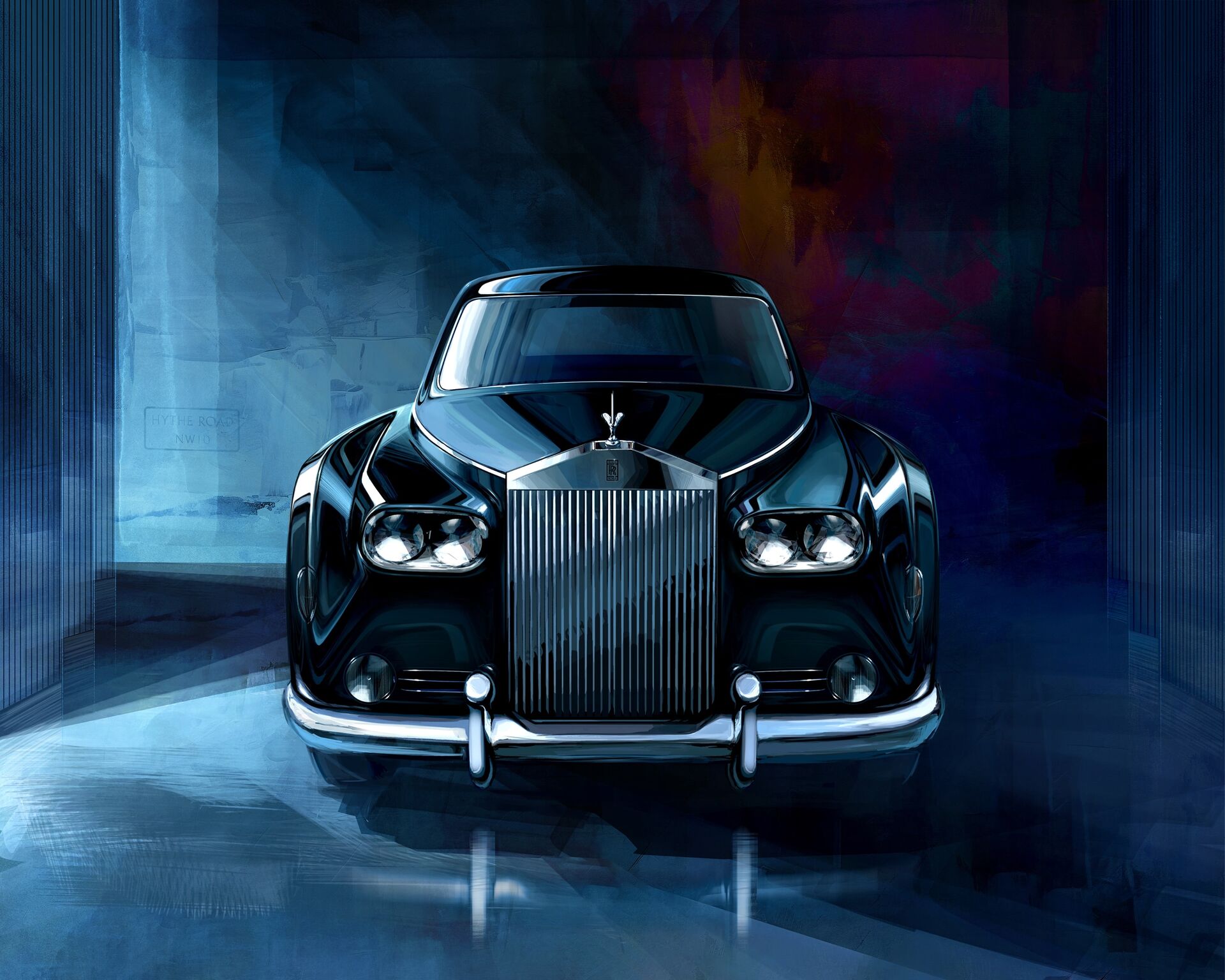 Artwork image of an old school black phantom sitting in park, front angled image showcasing the Spirit of Ecstasy.
