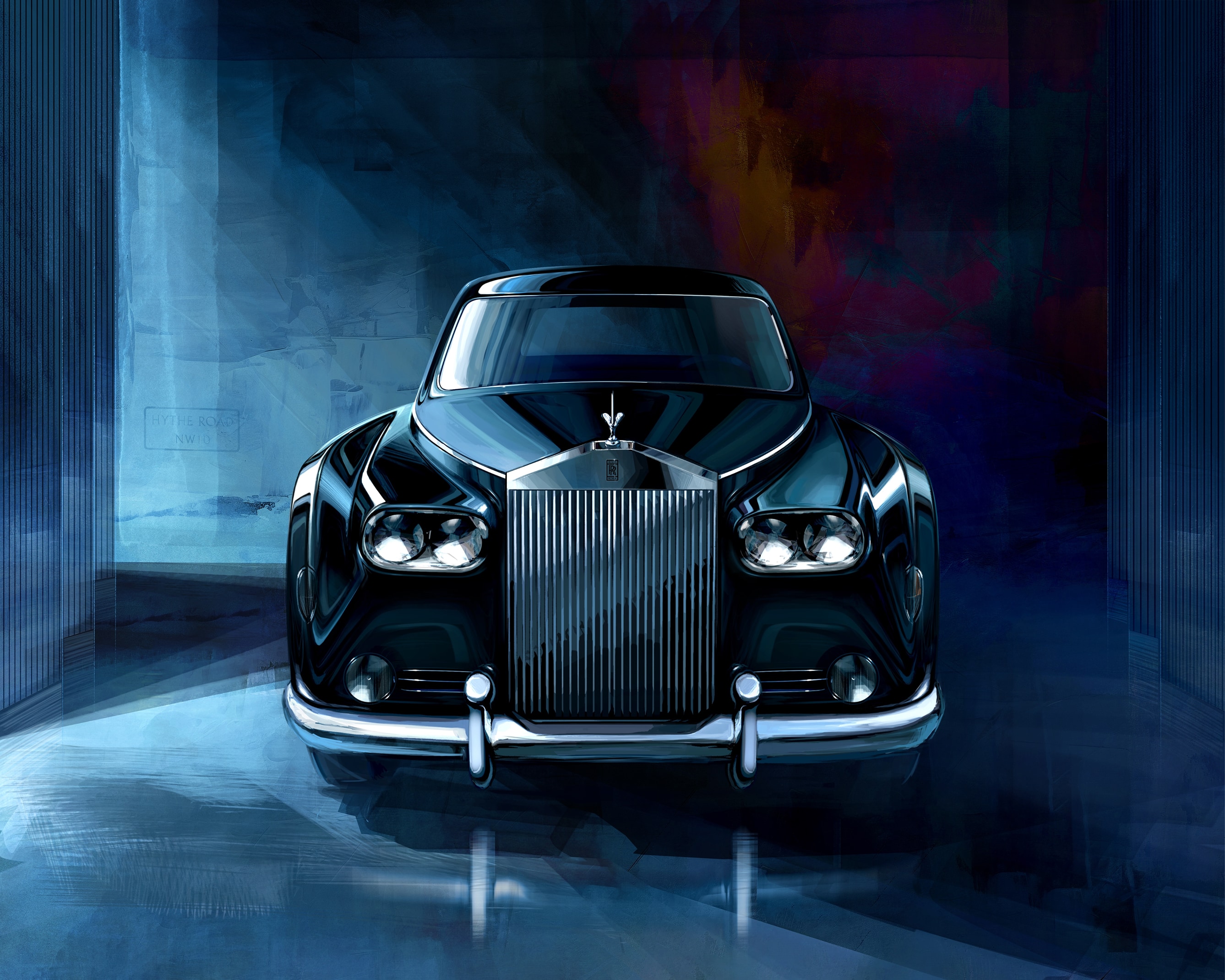 Artwork image of an old school black phantom sitting in park, front angled image showcasing the Spirit of Ecstasy.