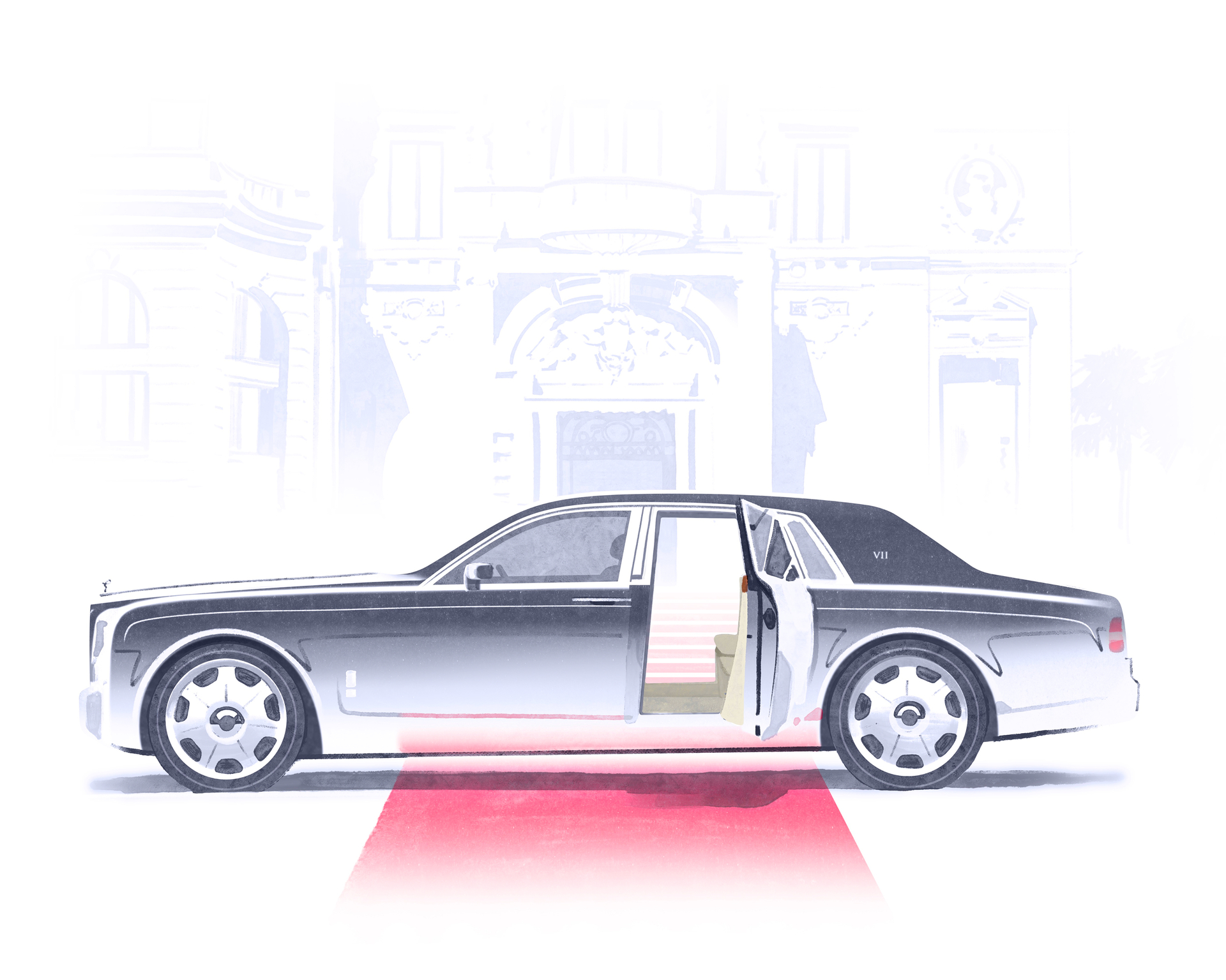 Artwork image of the Phantom Extended opening back the door for someone to walk out to the red carpet.