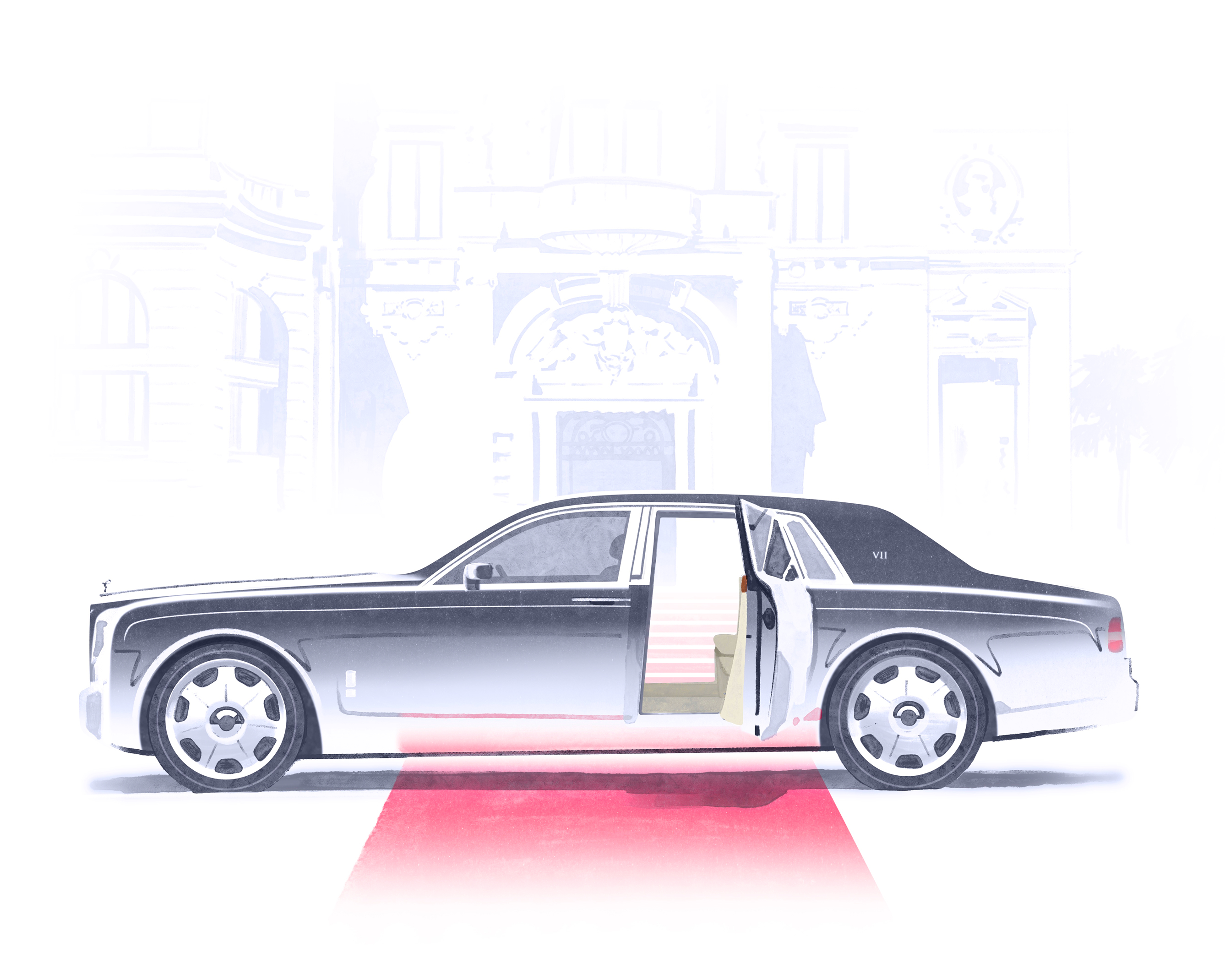 Artwork image of the Phantom Extended opening back the door for someone to walk out to the red carpet.