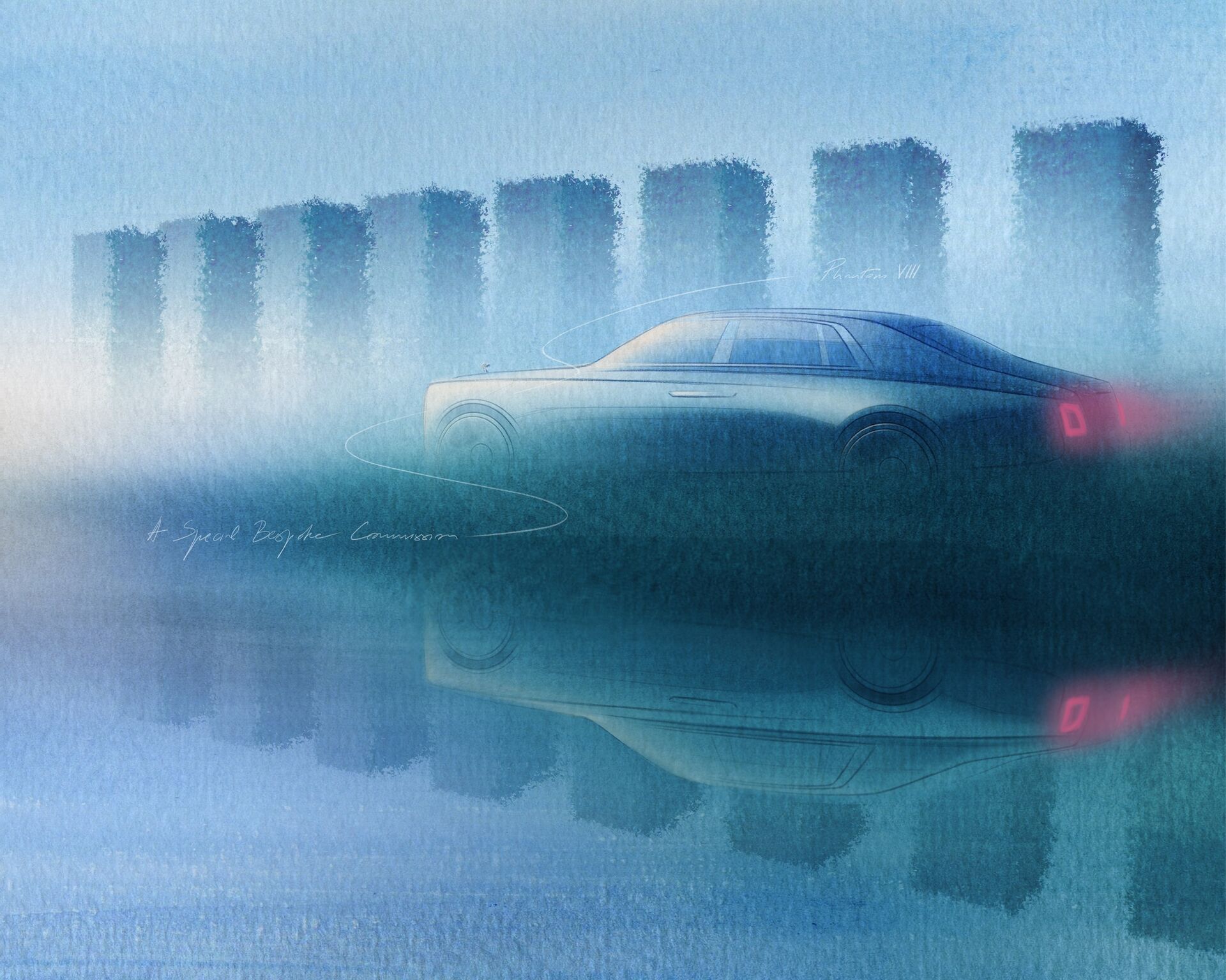 Artwork image of the Phantom driving in the fog, with a reflection of the car appearing in a puddle. 