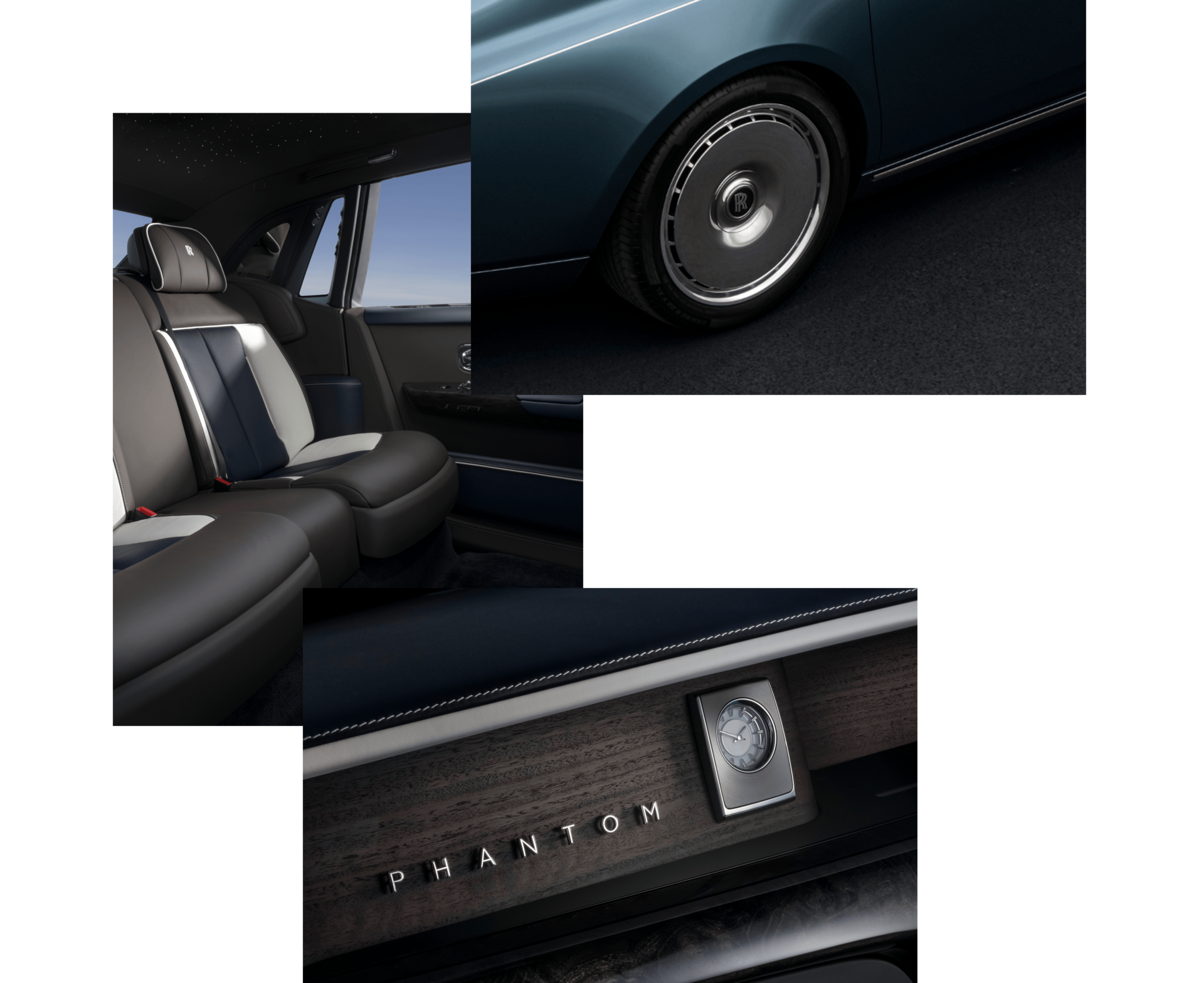 collage image of Phantom Extended wheel, interior seats and fascia with clock