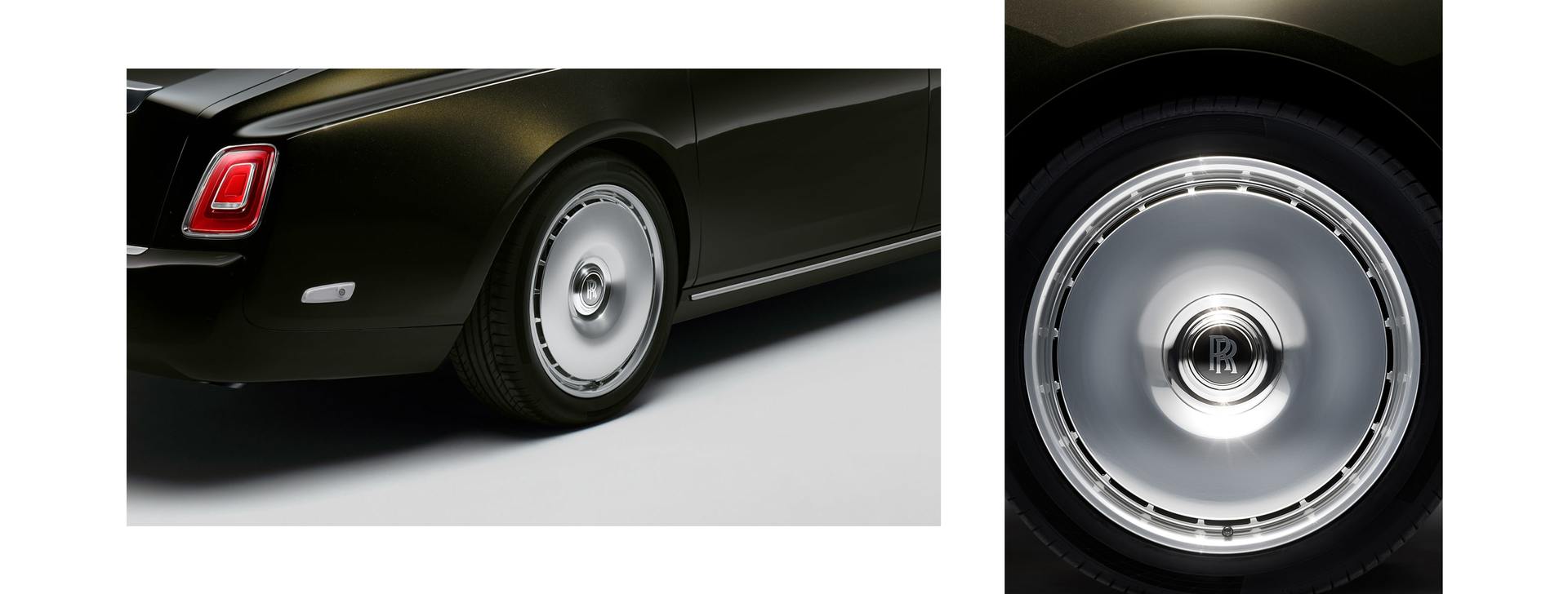 rolls royce phantom extended used Two photos of the back wheel of a Rolls-Royce Phantom Extended spining